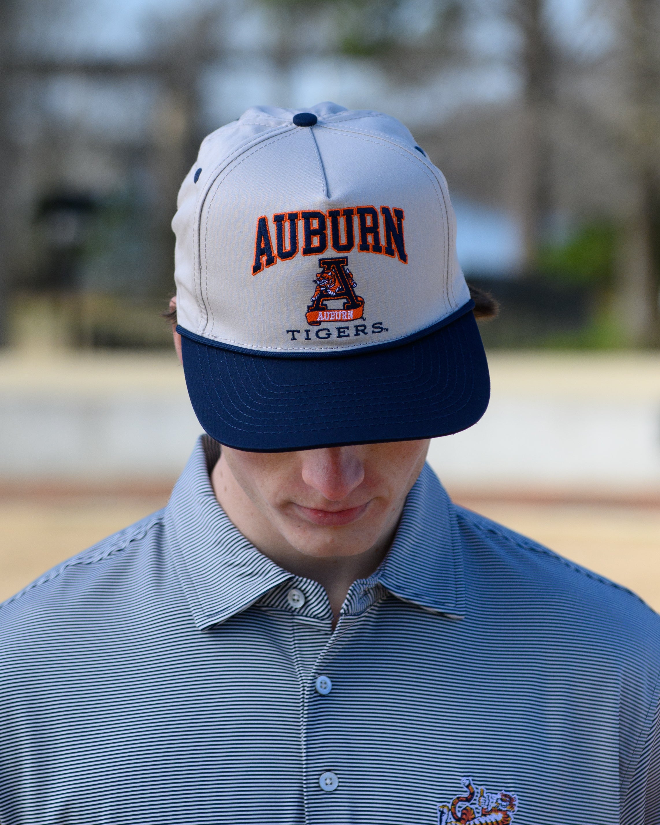 Auburn University White and Navy Rope Hat with the Leaping Tiger logo under Navy text "Auburn"