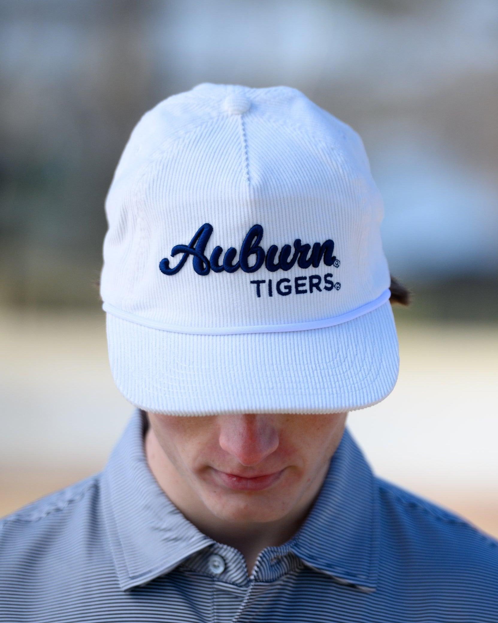 Auburn University White Hat with Navy script “Auburn Tigers”