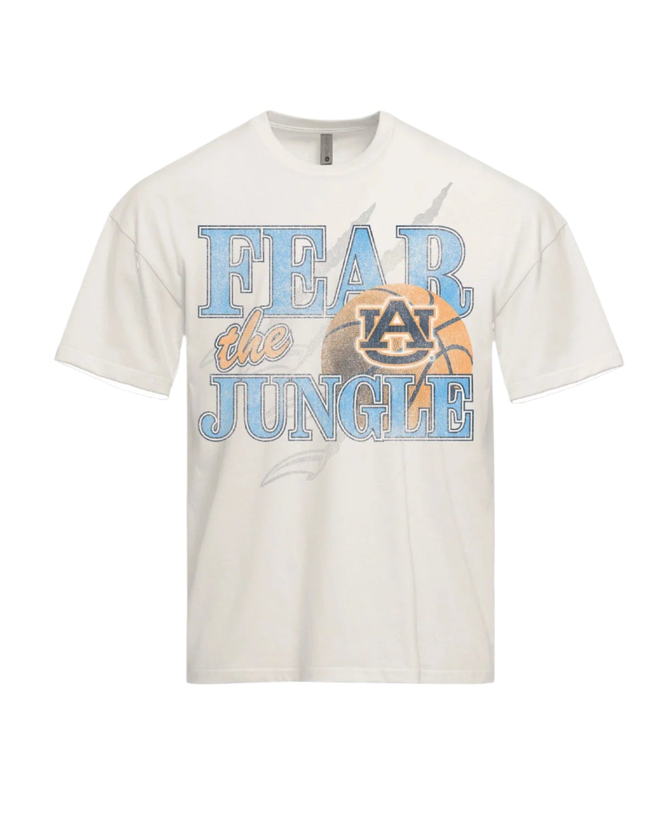 Auburn University Off-White T-Shirt with 'FEAR THE JUNGLE' text, a basketball with the AU Logo and tiger claw marks design