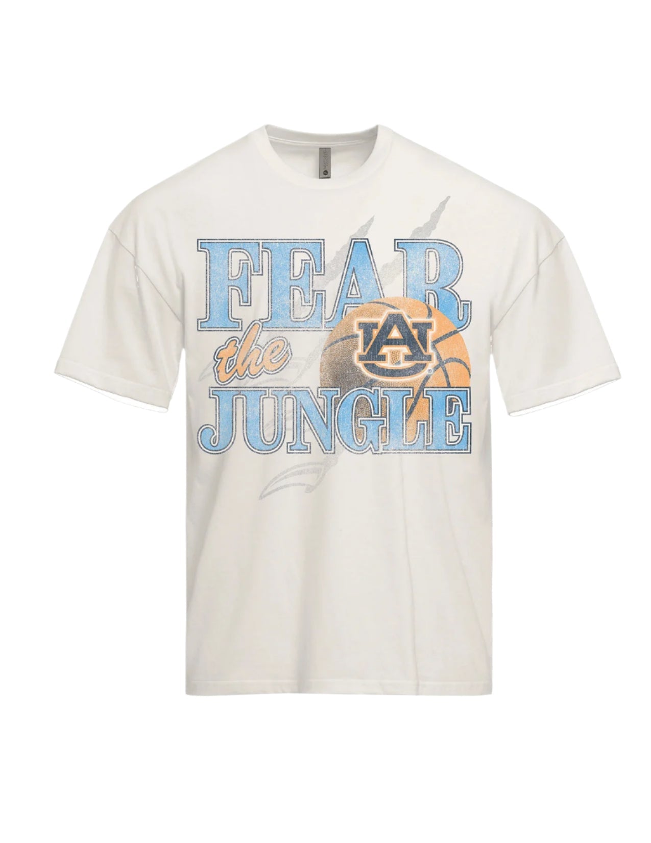 Auburn University Off-White T-Shirt with 'FEAR THE JUNGLE' text, a basketball with the AU Logo and tiger claw marks design