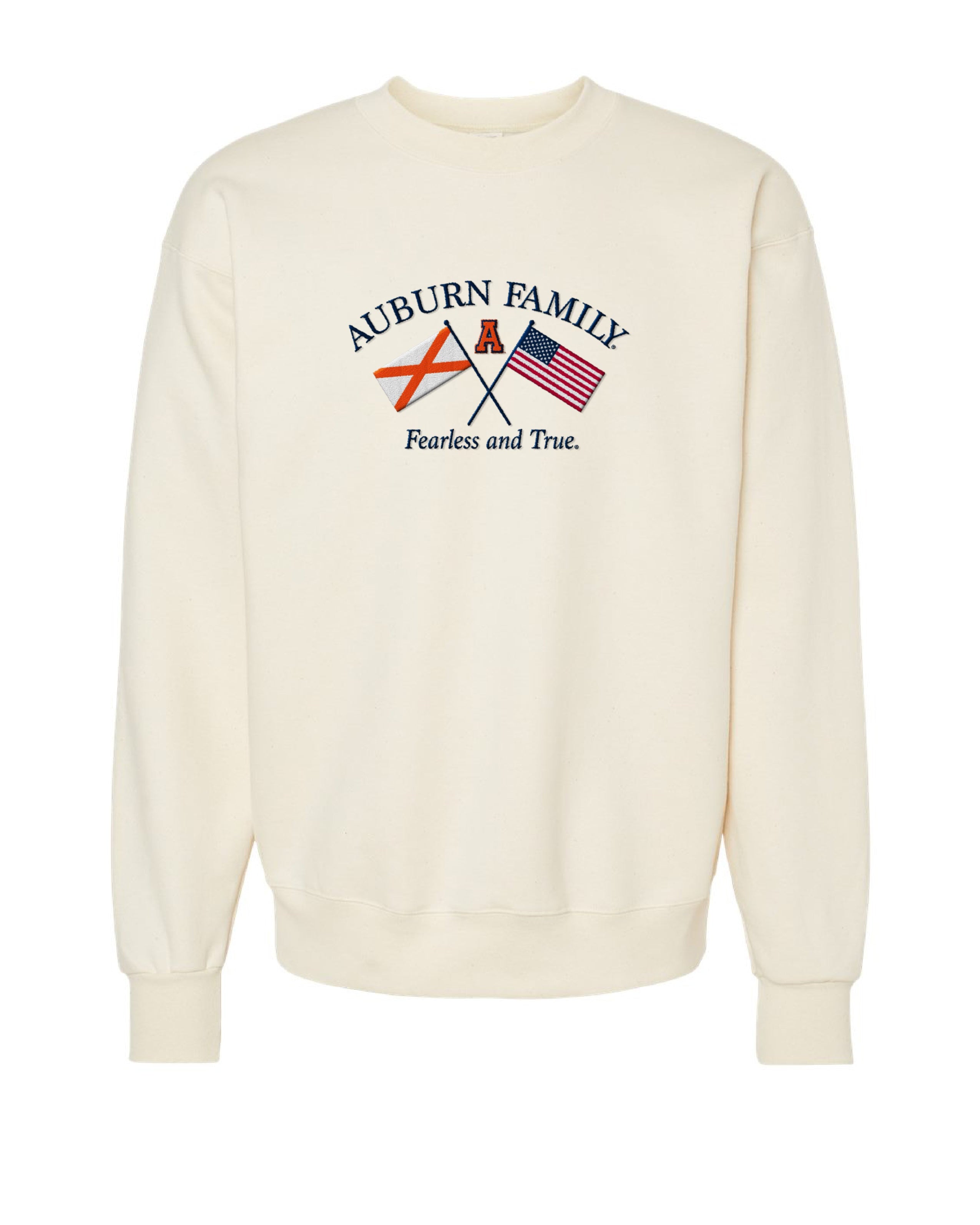 Auburn University Cream Sweatshirt with Navy text “Auburn Family” above the state flag and American flag crossed under the Block Auburn A