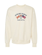 Auburn University Cream Sweatshirt with Navy text “Auburn Family” above the state flag and American flag crossed under the Block Auburn A