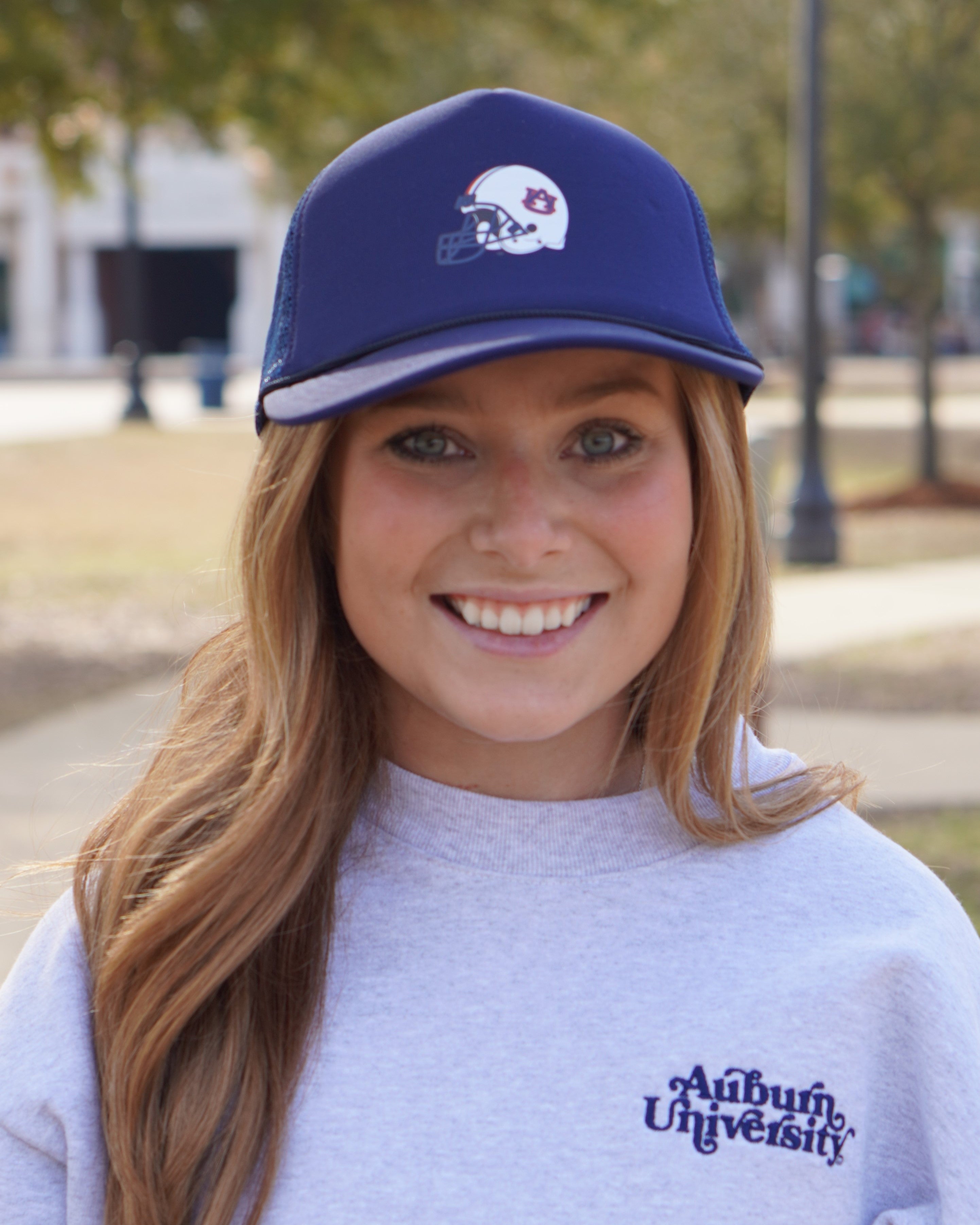 Auburn University Navy Foam Trucker Hat with a White Auburn Football Helmet