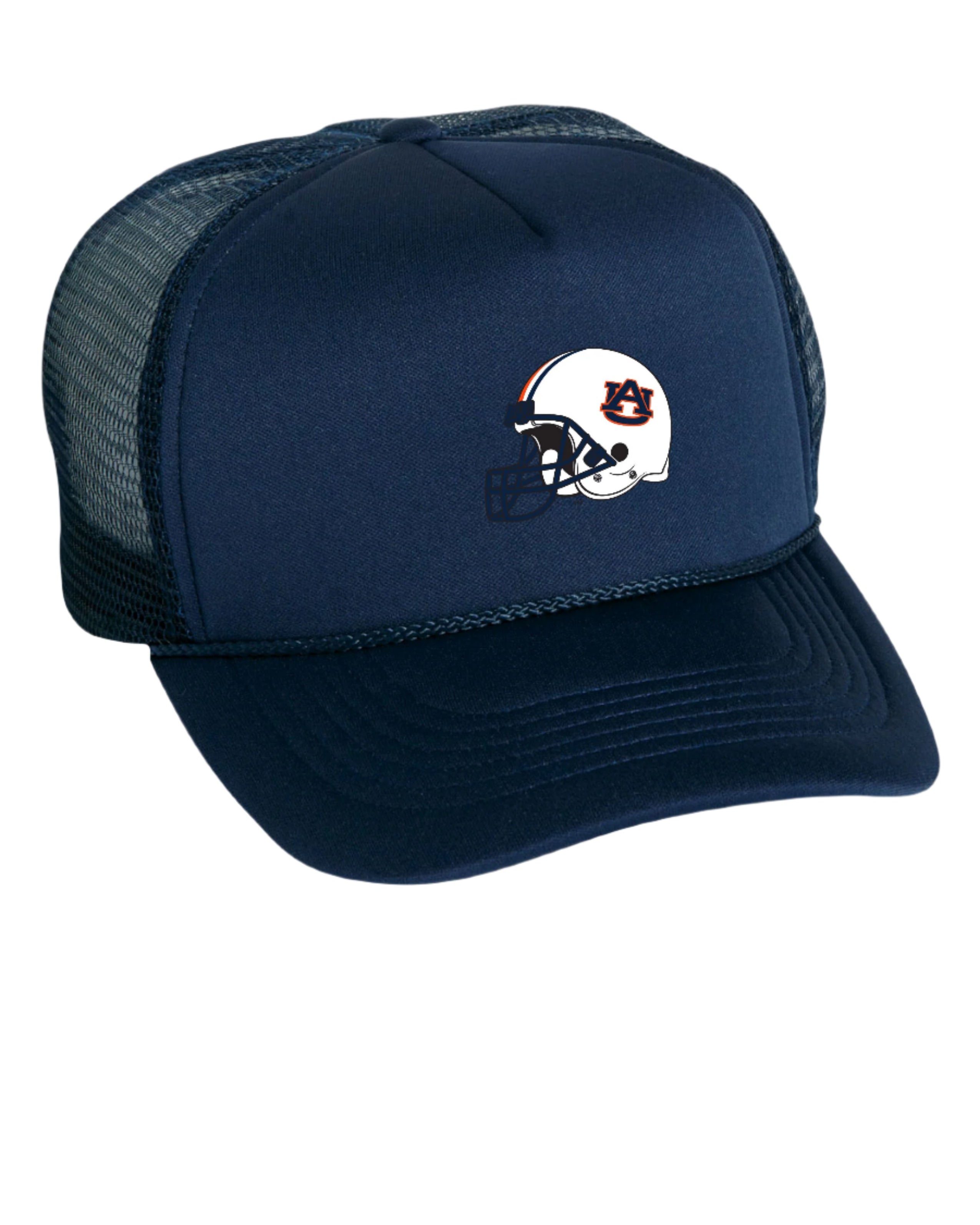 Auburn University Navy Foam Trucker Hat with a White Auburn Football Helmet