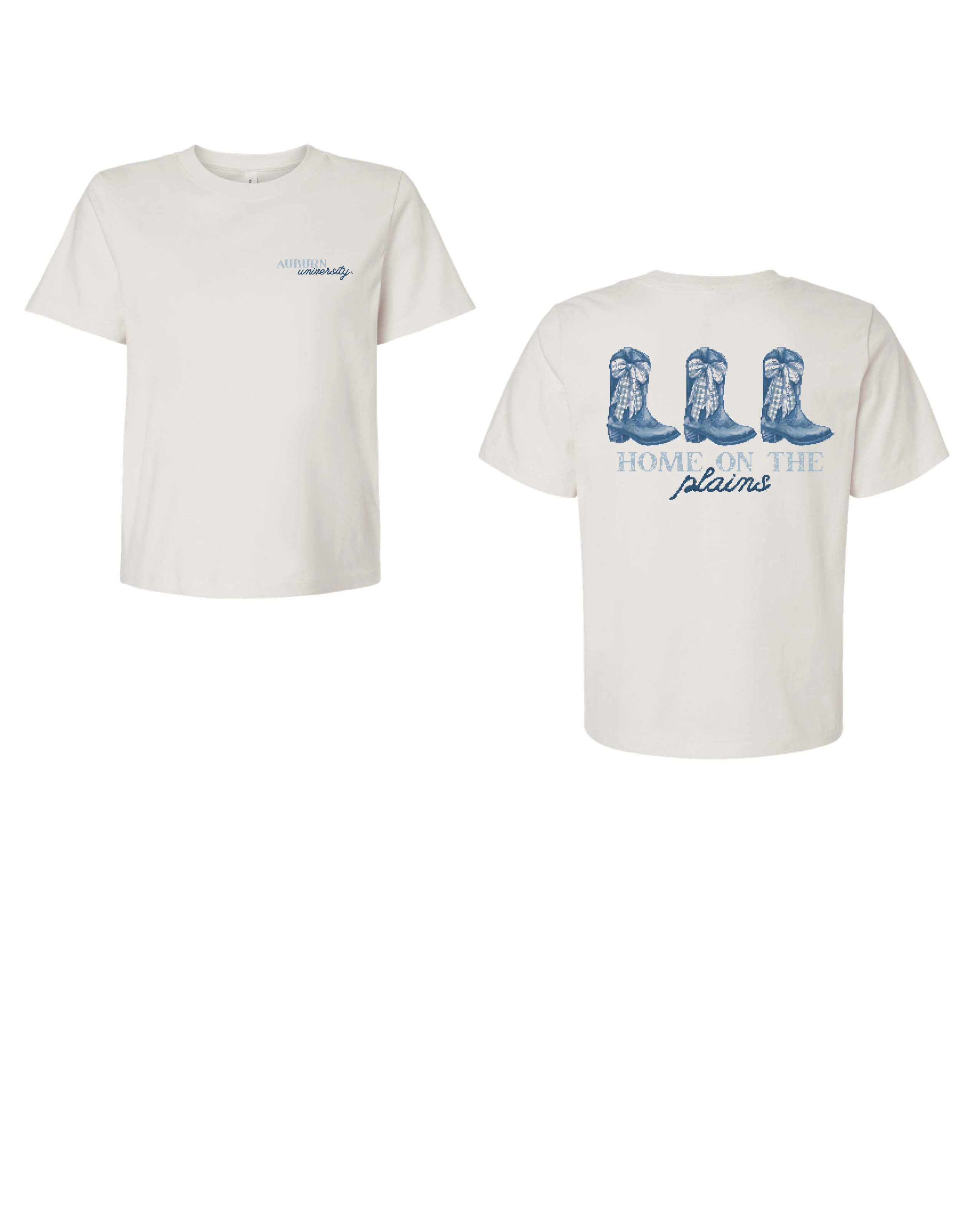 Auburn University White Ladies Tee with a vintage Blue illustration of cowgirl boots with bows tied on them above Blue text “Home On The Plains”