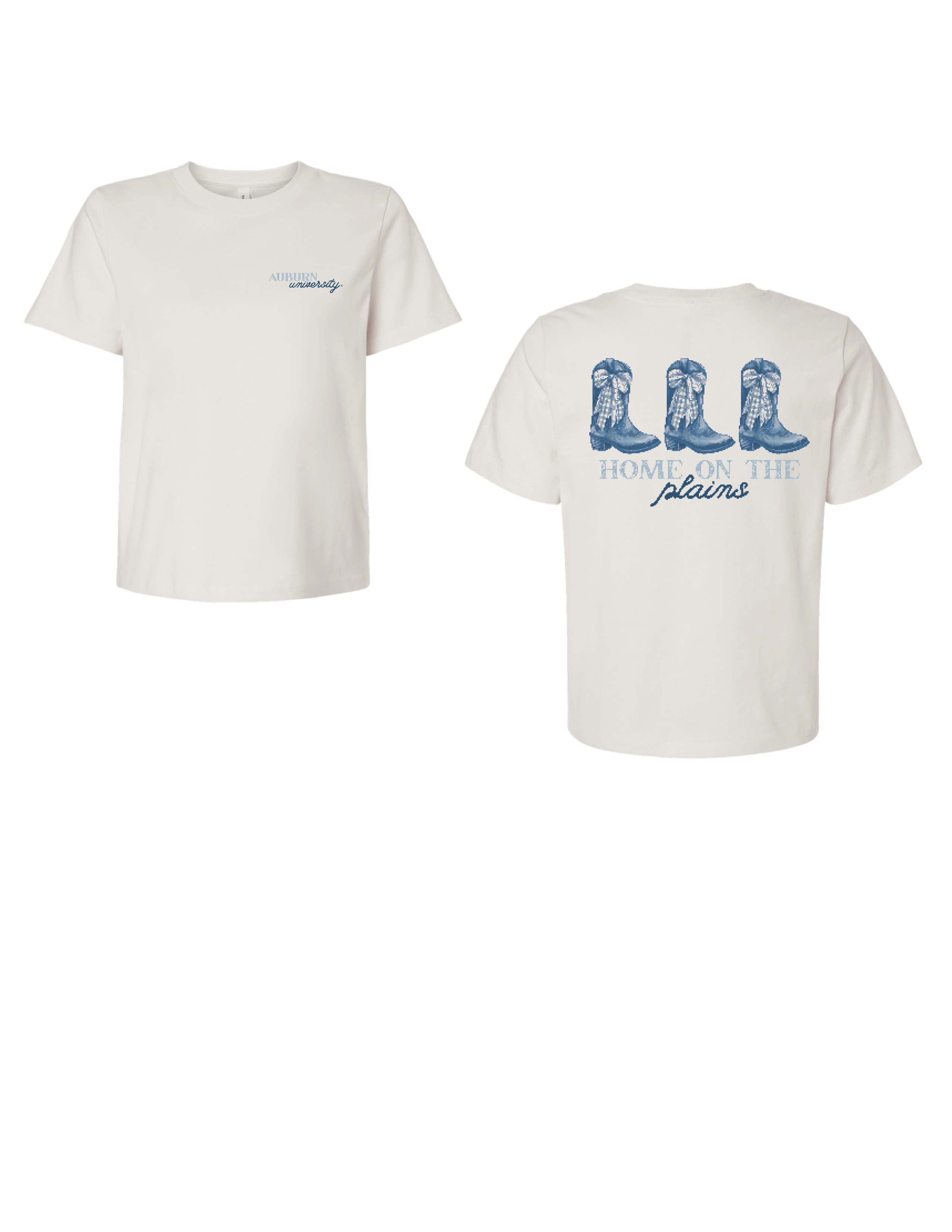 Auburn University White Ladies Tee with a vintage Blue illustration of cowgirl boots with bows tied on them above Blue text “Home On The Plains”
