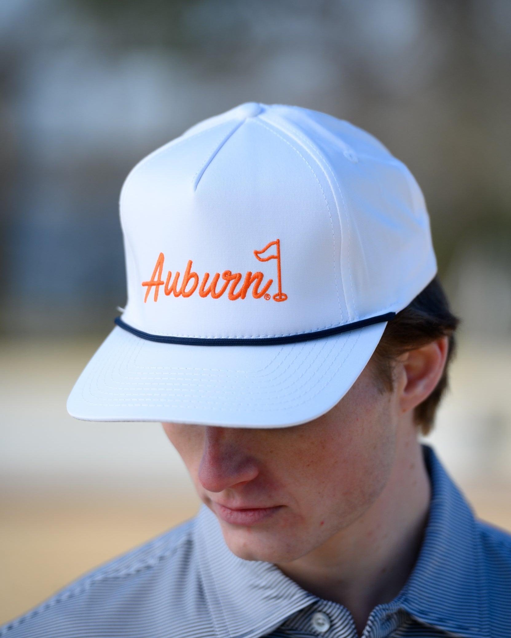 Auburn University White Rope Hat with a Blue rope and Orange "Auburn" embroidery with a golf flag at the end