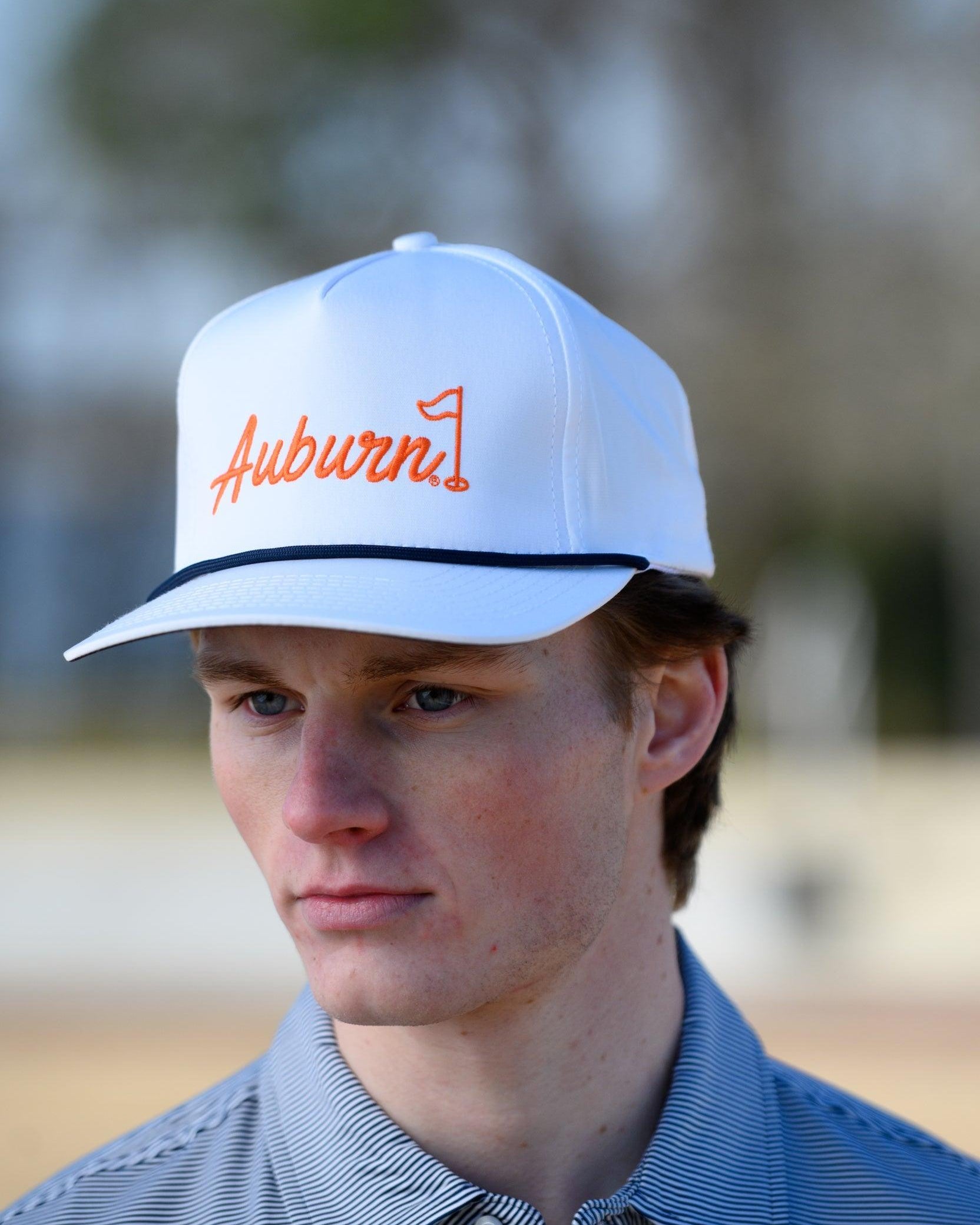 Auburn University White Rope Hat with a Blue rope and Orange "Auburn" embroidery with a golf flag at the end