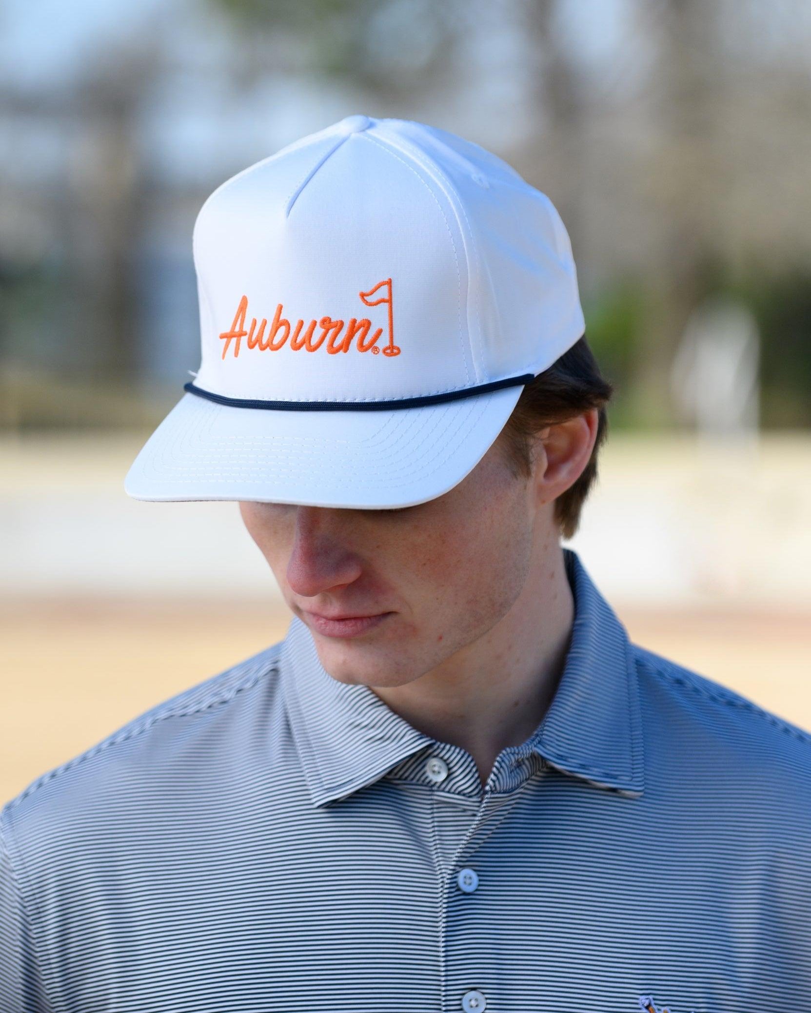 Auburn University White Rope Hat with a Blue rope and Orange "Auburn" embroidery with a golf flag at the end
