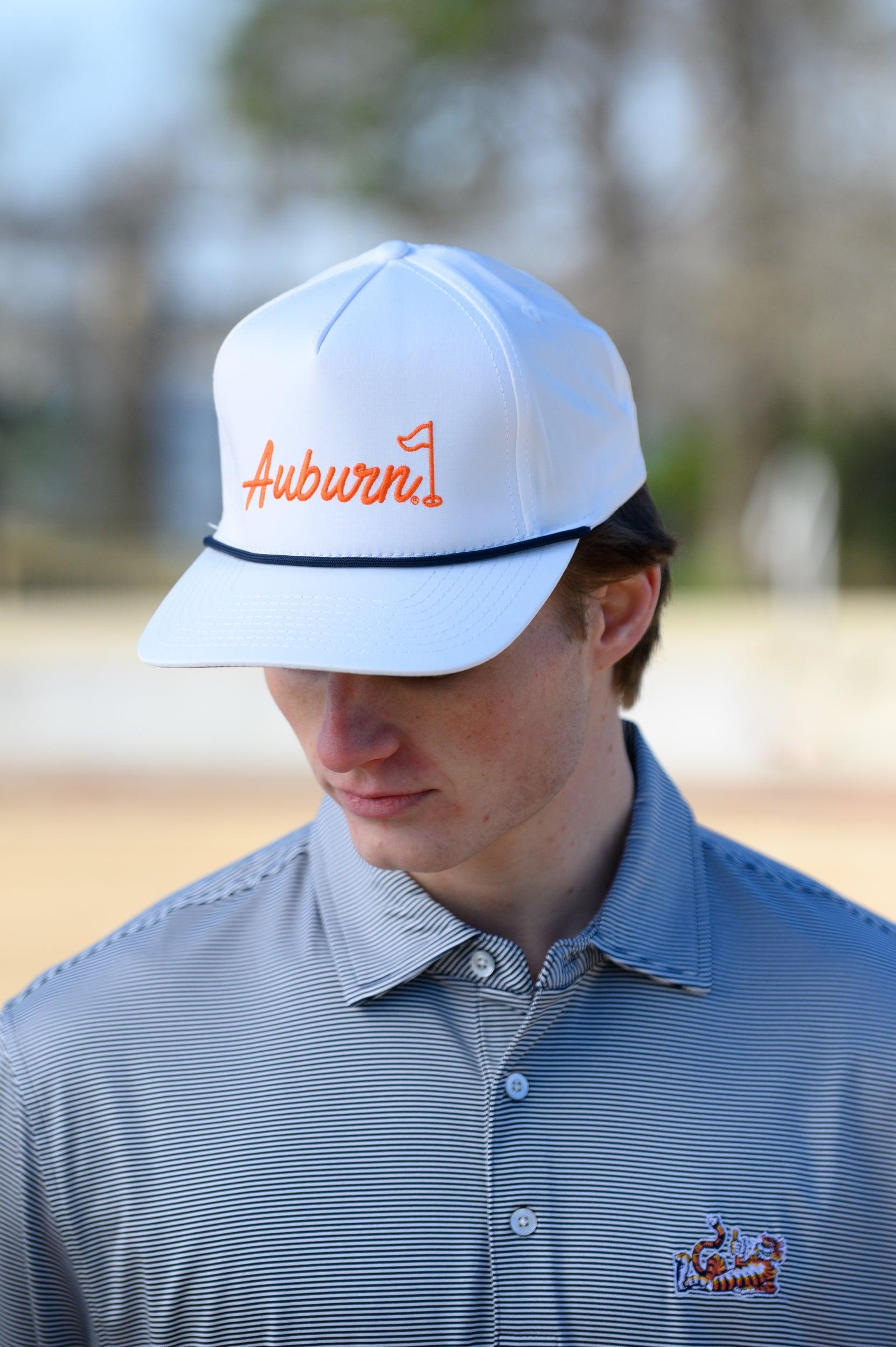 Auburn University White Rope Hat with a Blue rope and Orange "Auburn" embroidery with a golf flag at the end
