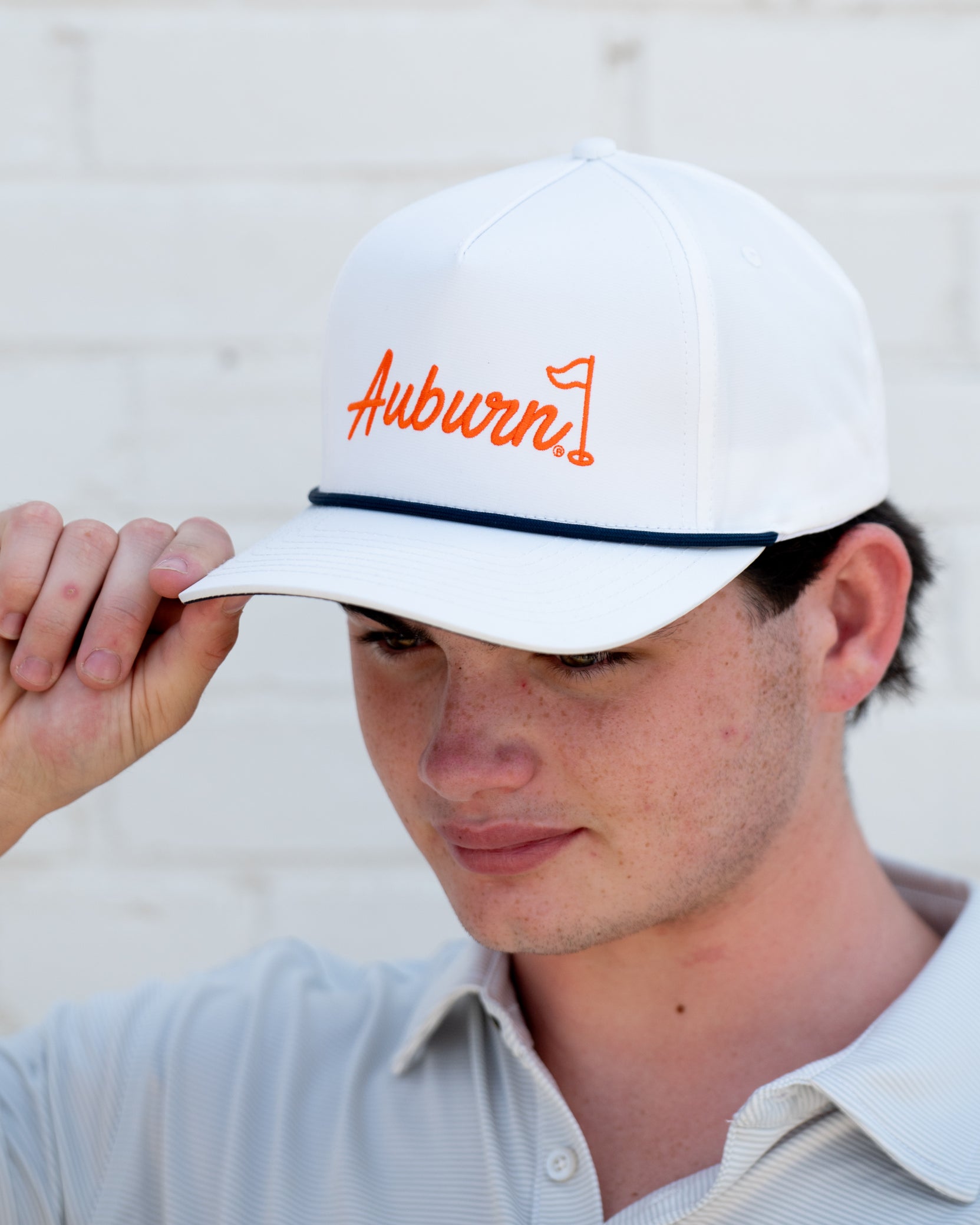 Auburn University White Rope Hat with a Blue rope and Orange "Auburn" embroidery with a golf flag at the end