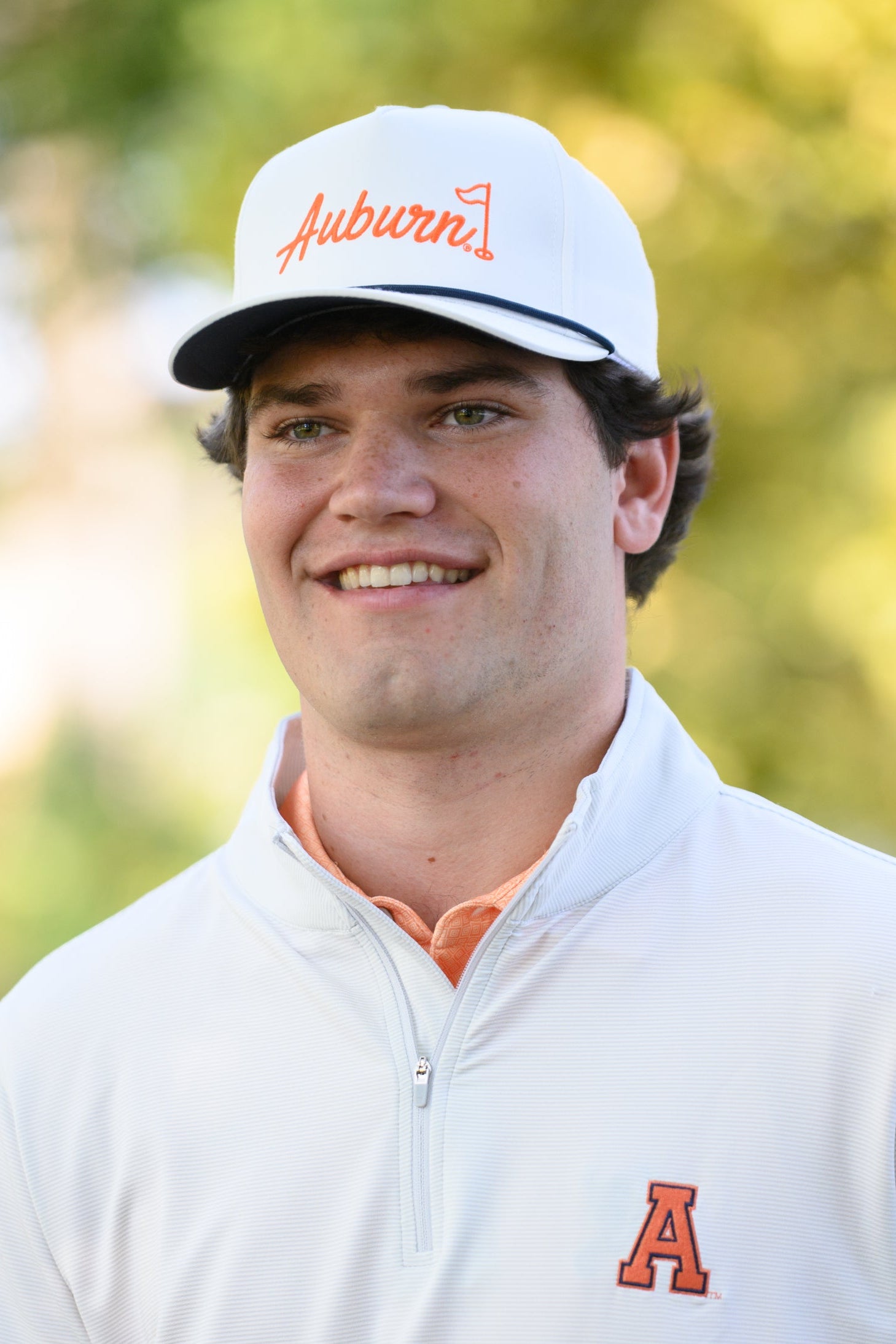 Auburn University White Rope Hat with a Blue rope and Orange "Auburn" embroidery with a golf flag at the end