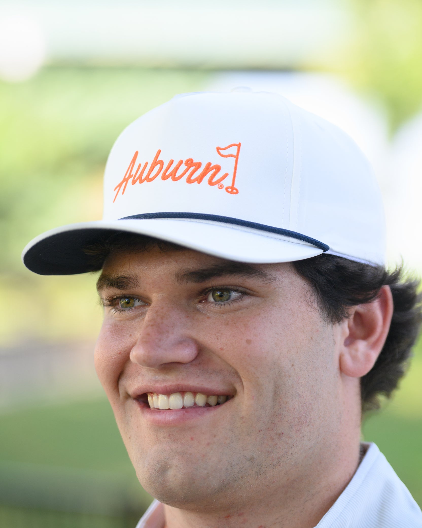Auburn University White Rope Hat with a Blue rope and Orange "Auburn" embroidery with a golf flag at the end