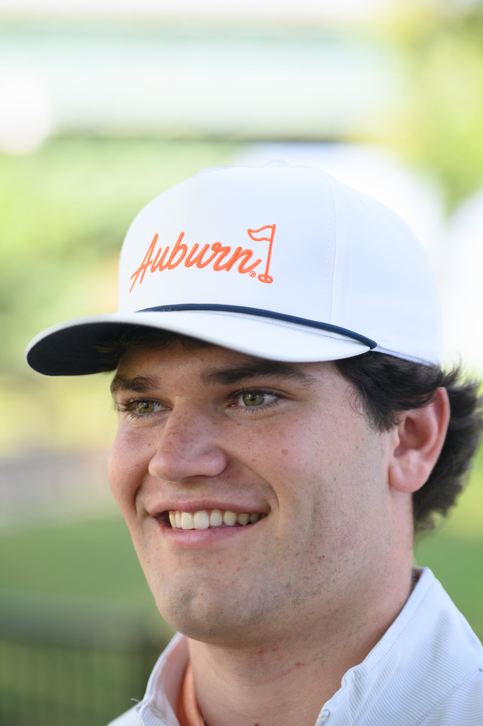 Auburn University White Rope Hat with a Blue rope and Orange "Auburn" embroidery with a golf flag at the end
