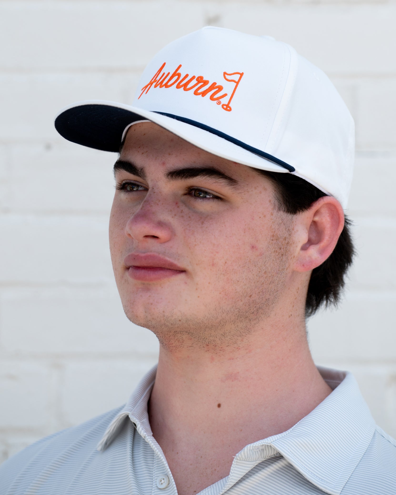 Auburn University White Rope Hat with a Blue rope and Orange "Auburn" embroidery with a golf flag at the end