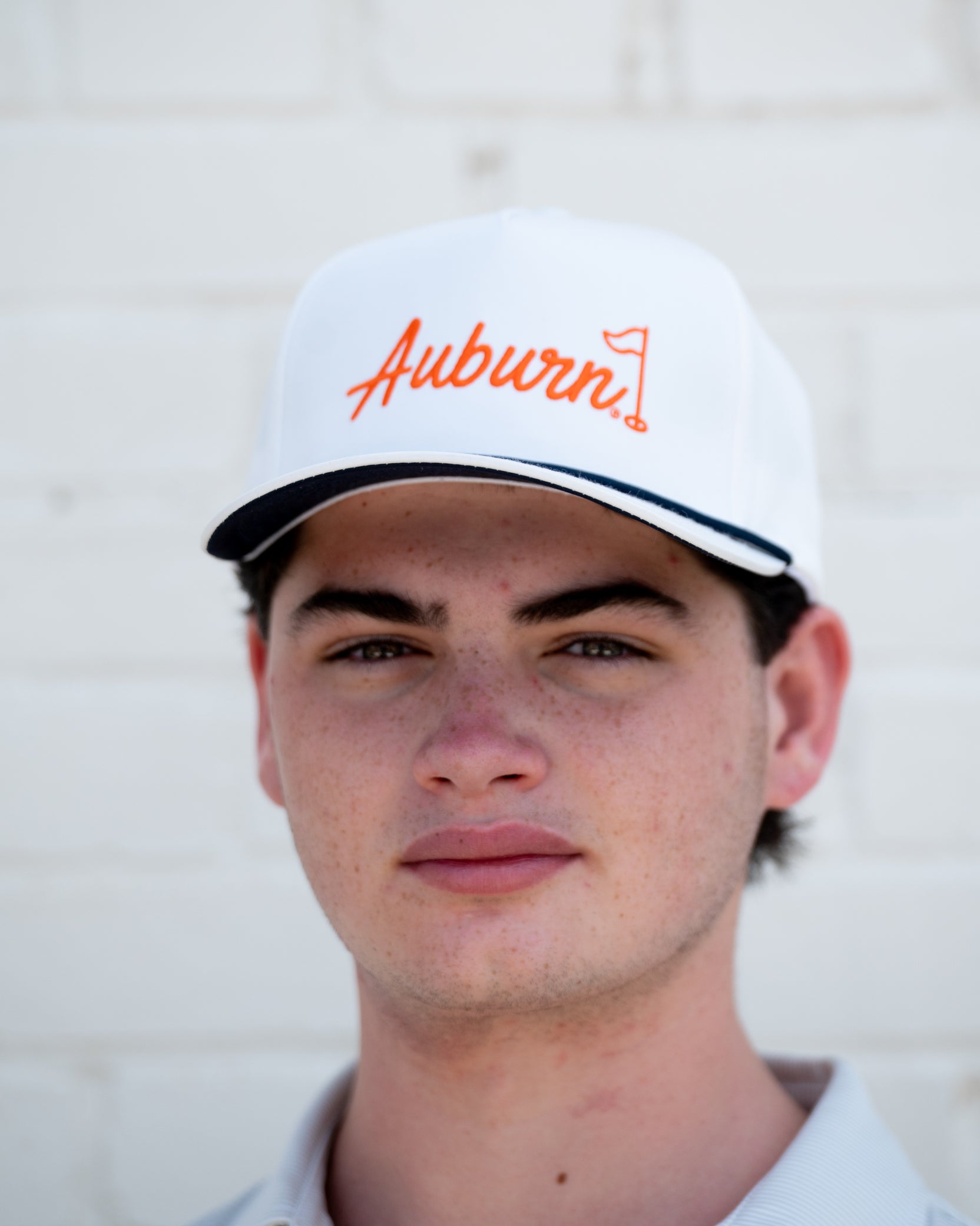 Auburn University White Rope Hat with a Blue rope and Orange "Auburn" embroidery with a golf flag at the end