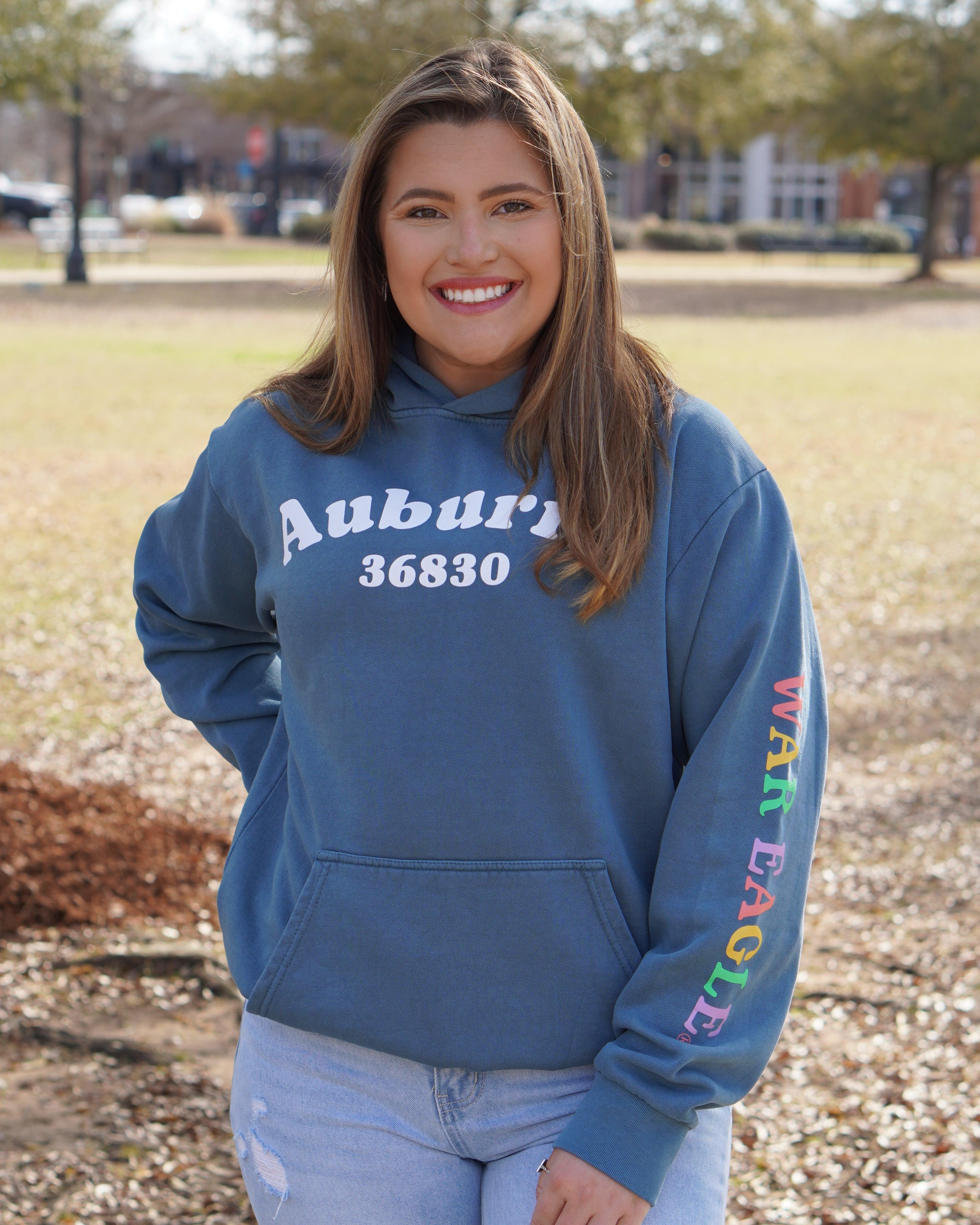 Auburn University Auburn Happy Blue Lane Seven Ladies Hoodie with White text "Auburn" above the Auburn zip code "36830" (Front)| colorful "War Eagle" (Sleeve)