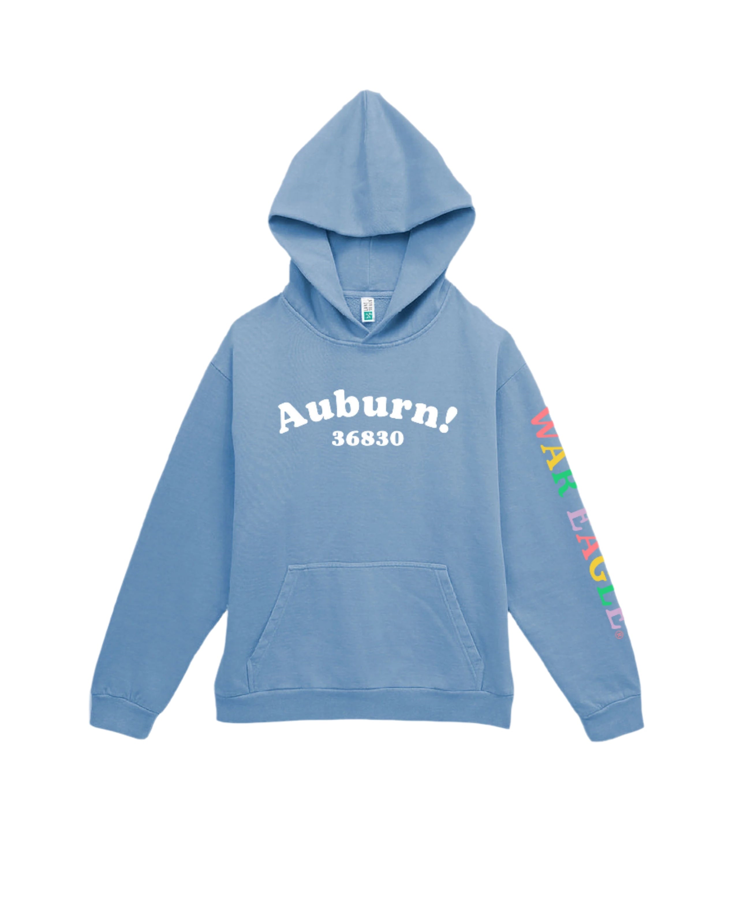 Auburn University Auburn Happy Blue Lane Seven Ladies Hoodie with White text "Auburn" above the Auburn zip code "36830" (Front)| colorful "War Eagle" (Sleeve)