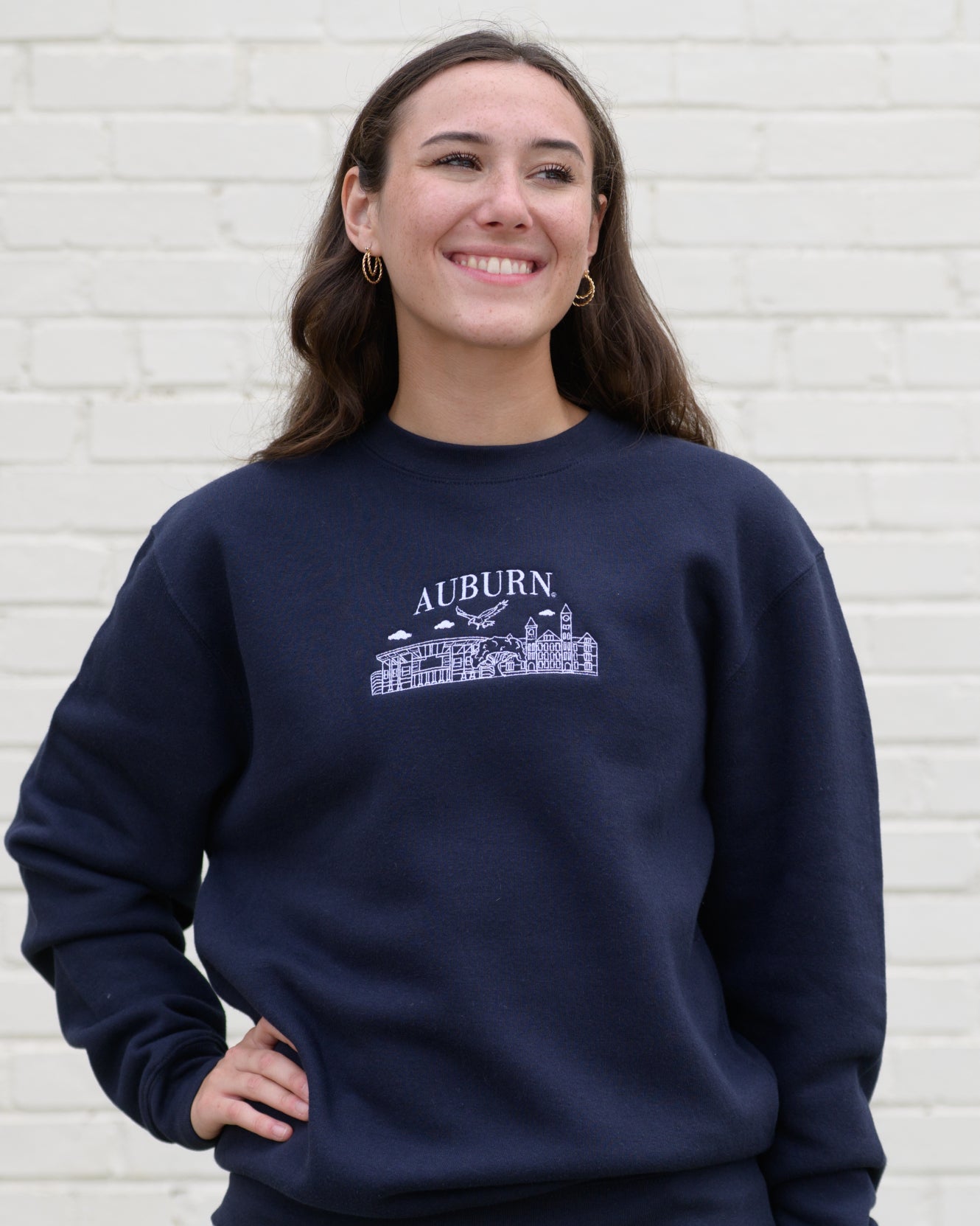 Auburn University Auburn Landmarks Navy Lane Seven Ladies' Sweatshirt with White embroidery of Auburn landmarks under text "Auburn"