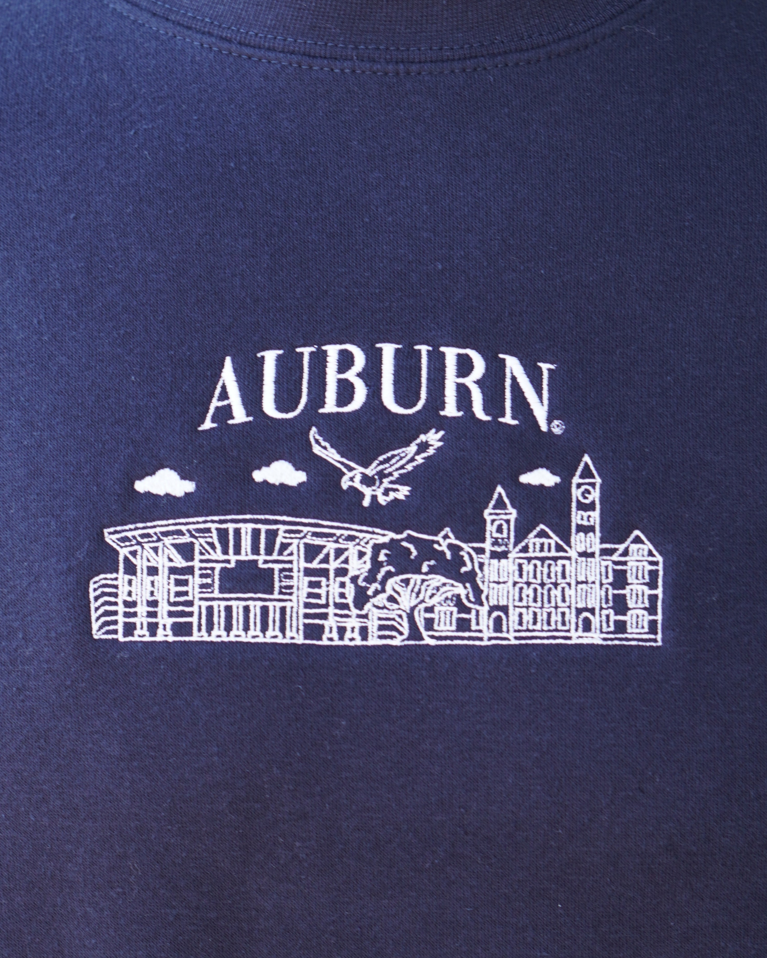 Auburn University Auburn Landmarks Navy Lane Seven Ladies' Sweatshirt with White embroidery of Auburn landmarks under text "Auburn"