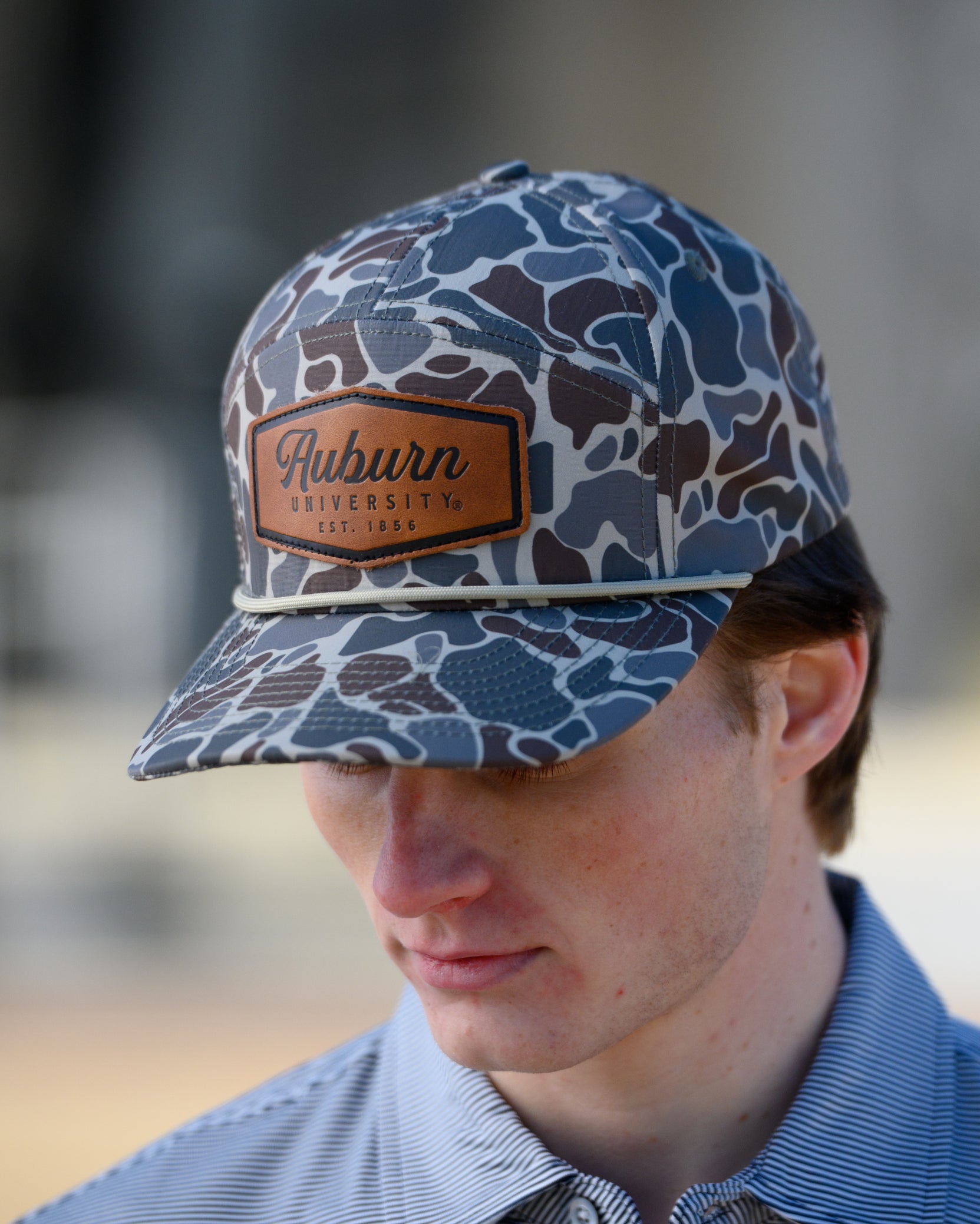 Auburn University Auburn Leather Patch Hat Duck Camo JNJ 7-Panel Hat with White rope and Leather patch with text "Auburn University"