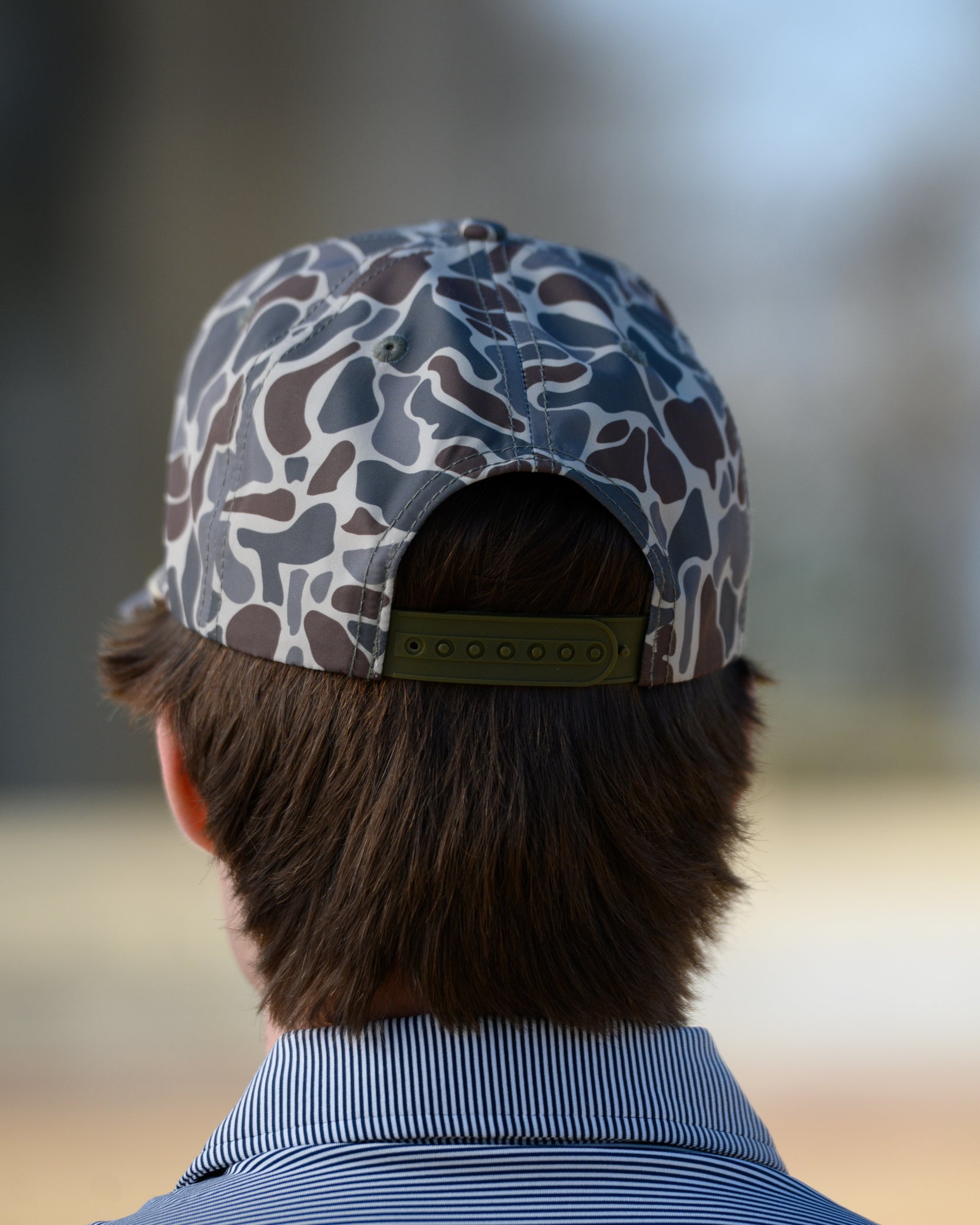 Auburn University Auburn Leather Patch Hat Duck Camo JNJ 7-Panel Hat with White rope and Leather patch with text "Auburn University"