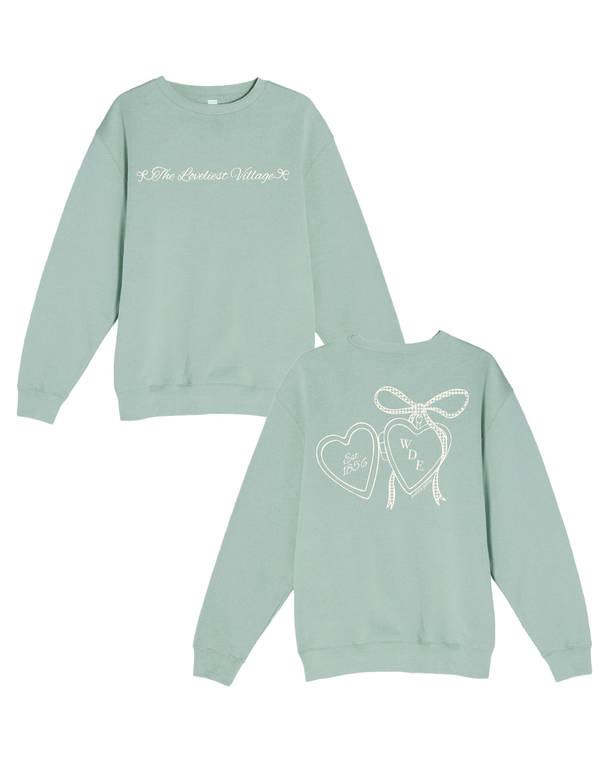 University of Alabama Seafoam Crewneck with cursive writing on the front and an open locket with the writing “Bama” inside