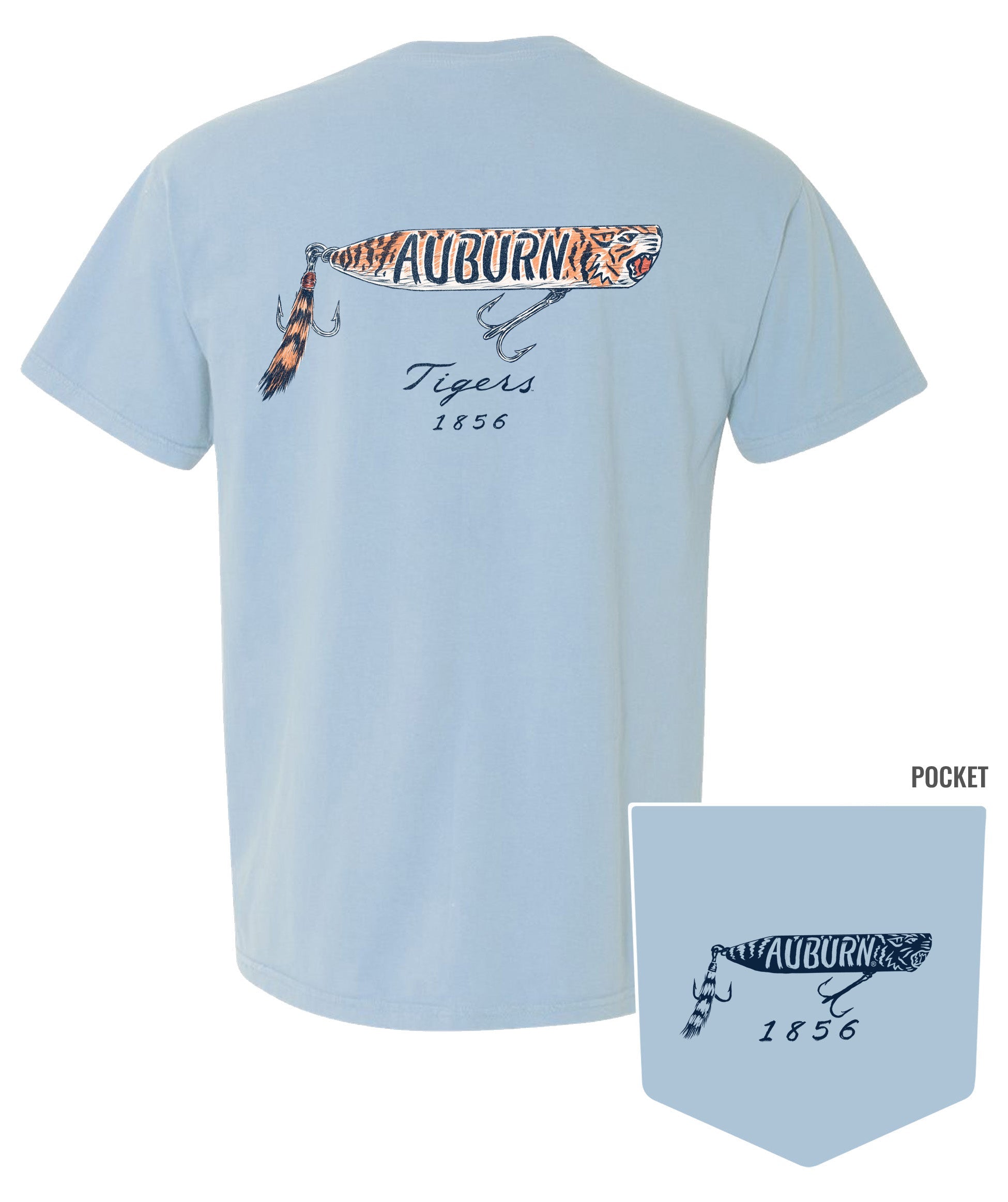 Auburn University Light Blue T-Shirt with a tiger fishing lure with the Blue text “Auburn”