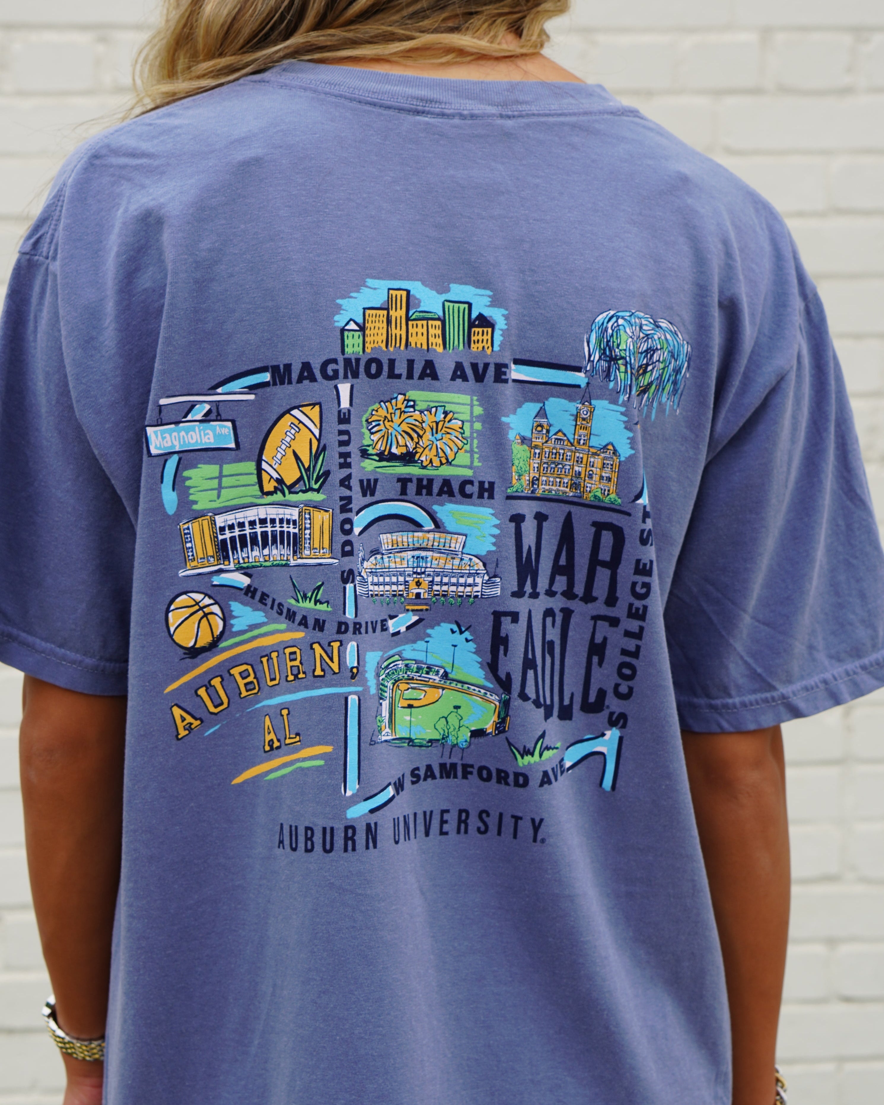 Auburn University Auburn Map Blue Comfort Colors T-Shirt with a graphic map of Auburn University's landmarks (Back)