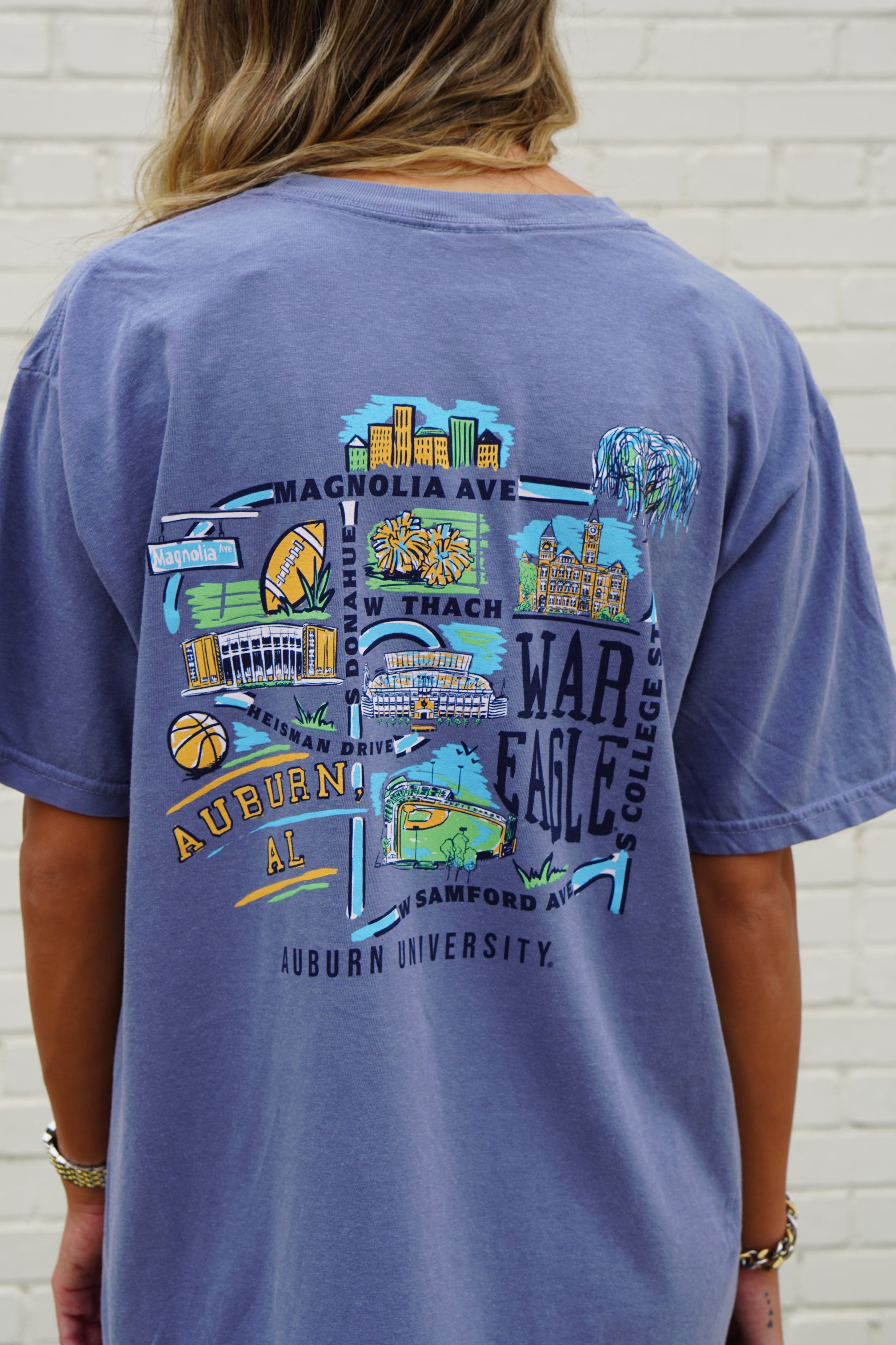 Auburn University Auburn Map Blue Comfort Colors T-Shirt with a graphic map of Auburn University's landmarks (Back)