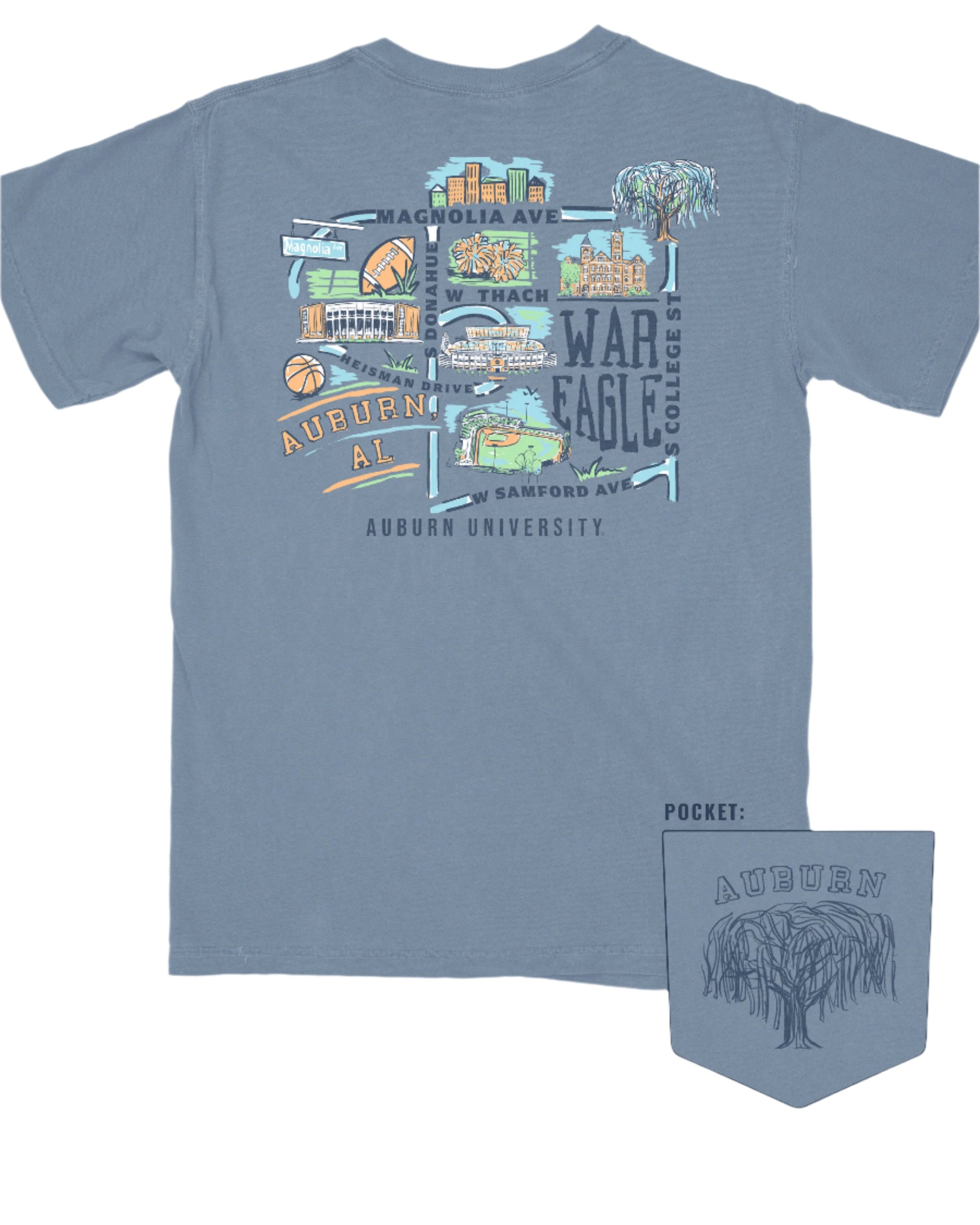 Auburn University Auburn Map Blue Comfort Colors T-Shirt with a graphic map of Auburn University's landmarks (Back)