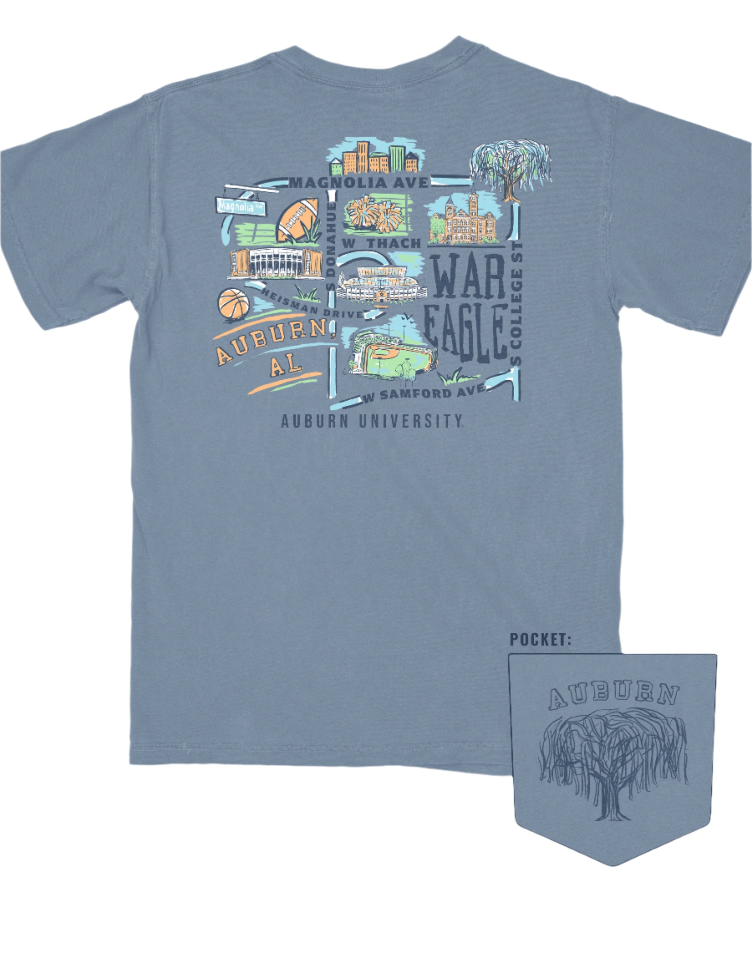 Auburn University Auburn Map Blue Comfort Colors T-Shirt with a graphic map of Auburn University's landmarks (Back)
