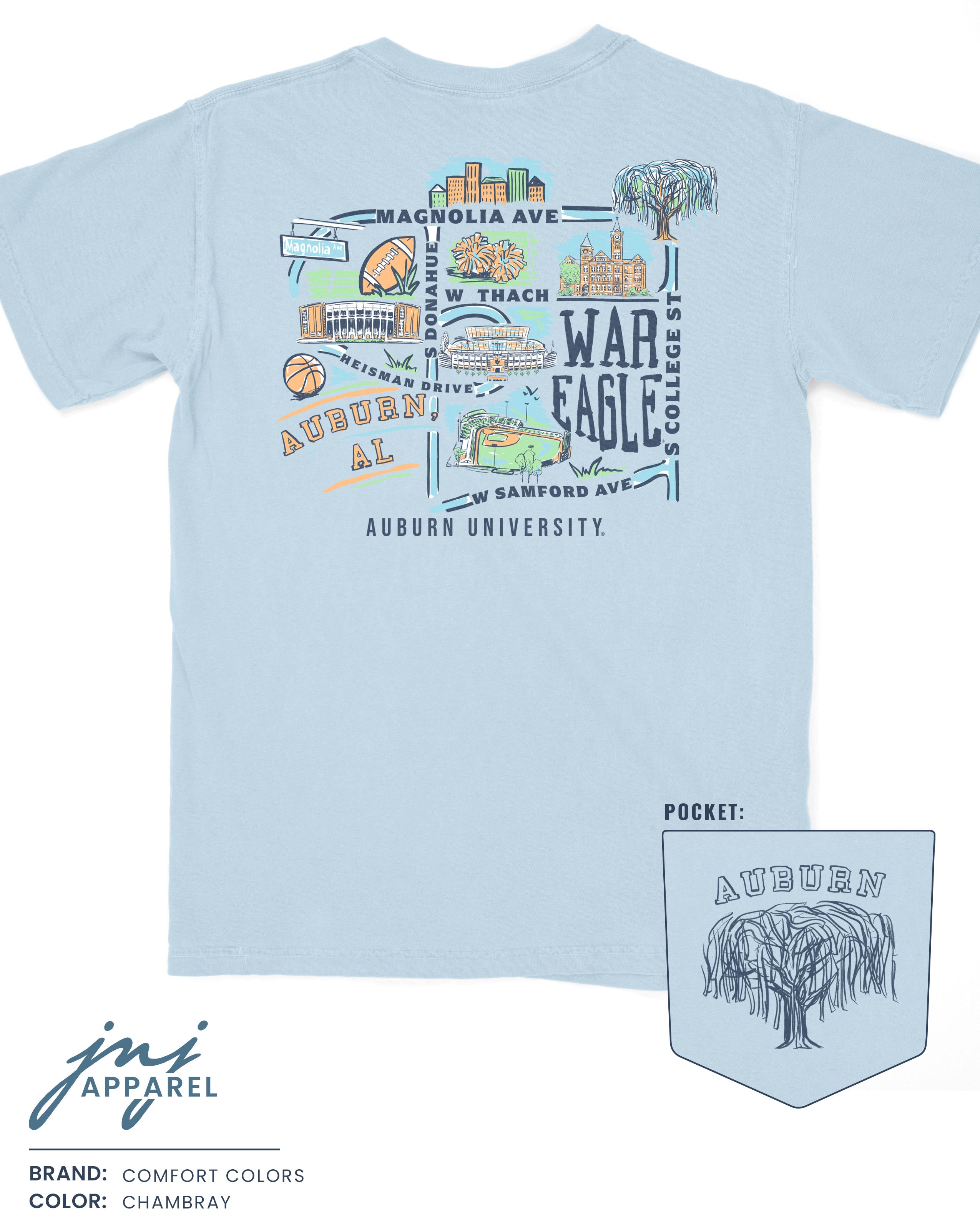 Auburn University Auburn Map Blue Comfort Colors T-Shirt with a graphic map of Auburn University's landmarks (Back)
