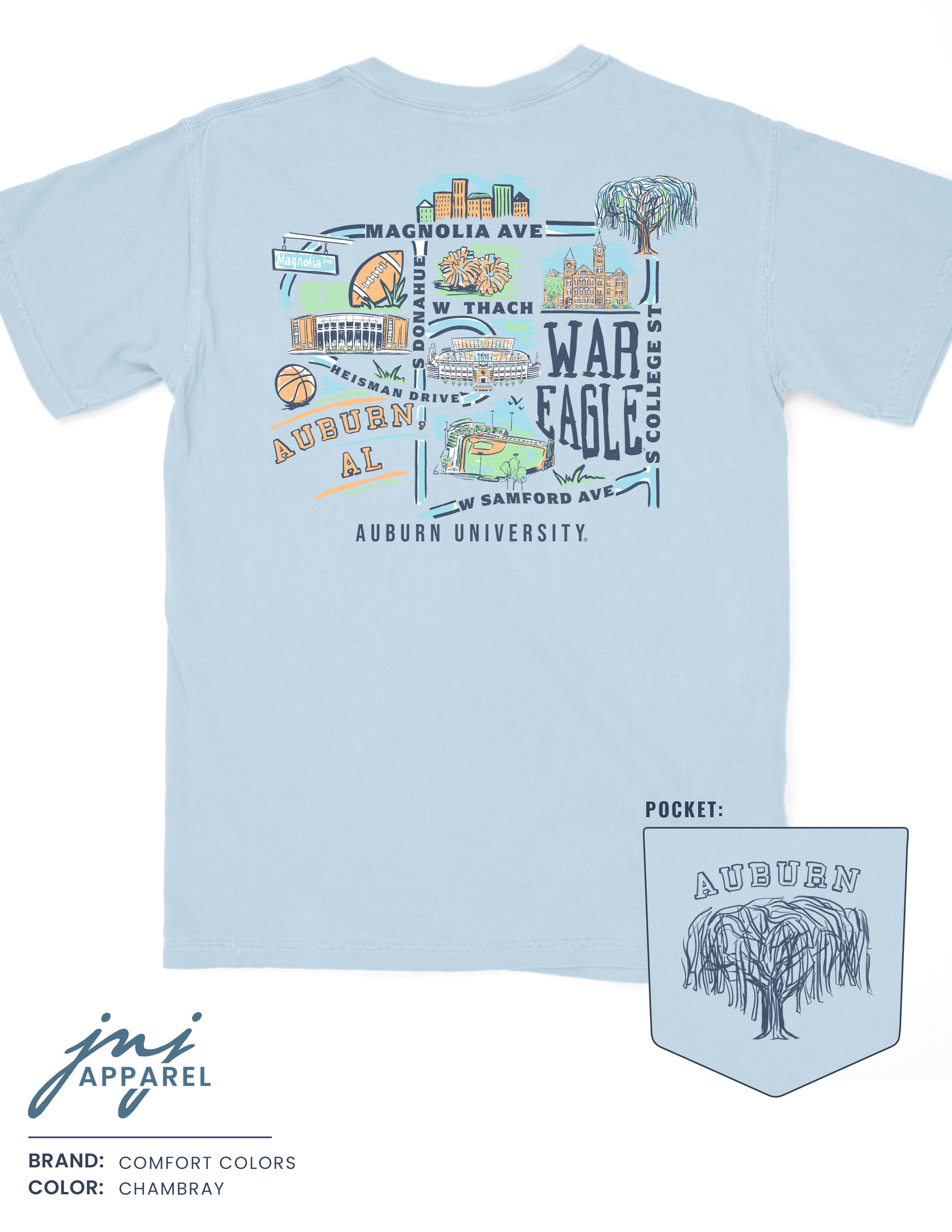 Auburn University Auburn Map Blue Comfort Colors T-Shirt with a graphic map of Auburn University's landmarks (Back)