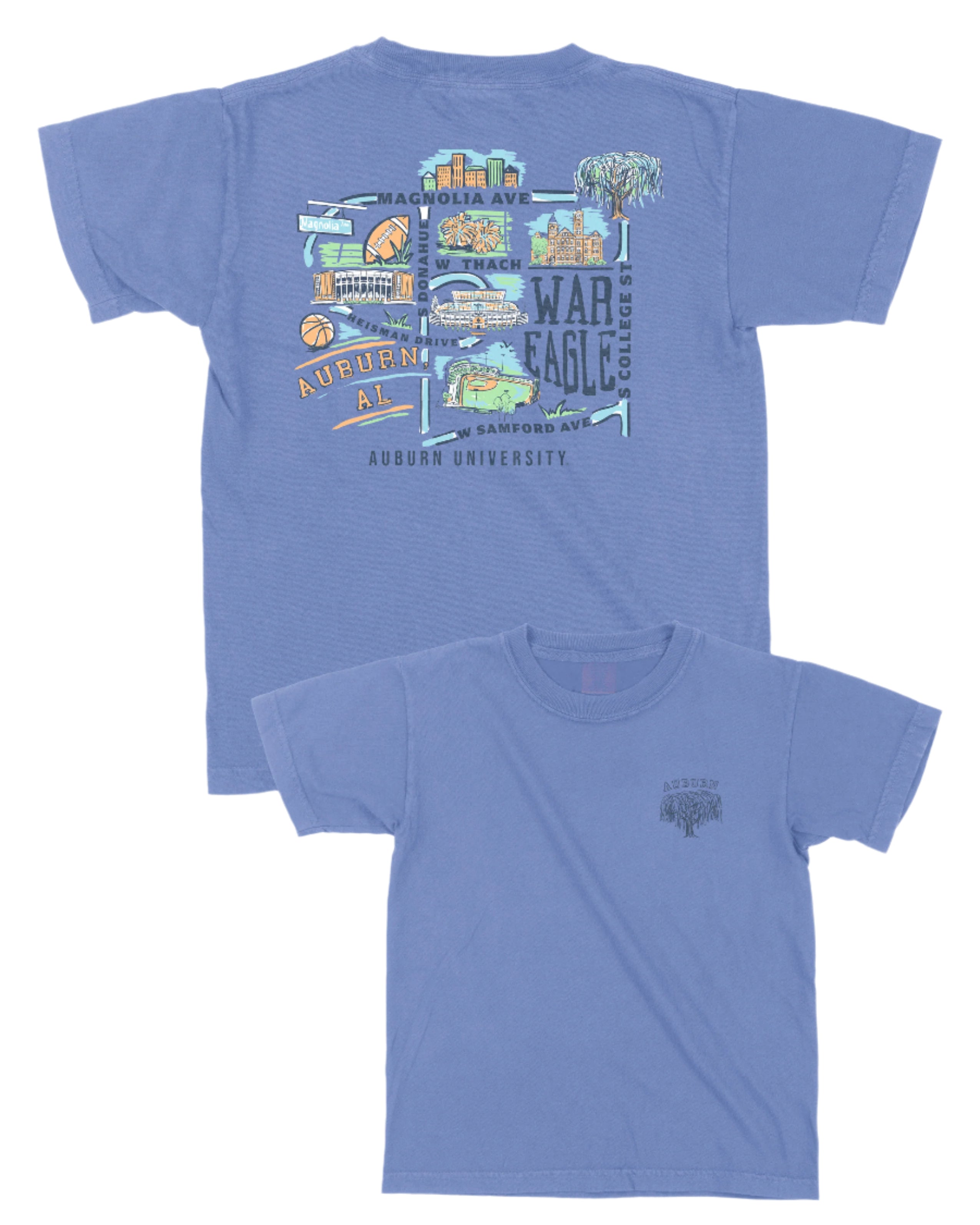 Auburn University Auburn Map Blue Comfort Colors Youth T-Shirt with a graphic map of Auburn University's landmarks (Back)