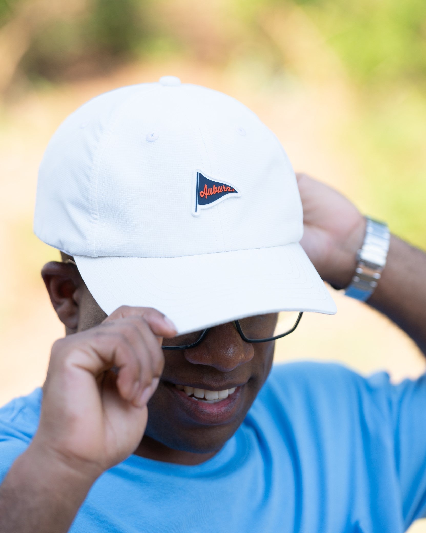 Auburn University Auburn Performance Flag Hat JNJ Fly Fit White Hat with an embroidered Navy Flag with the Orange text "Auburn"