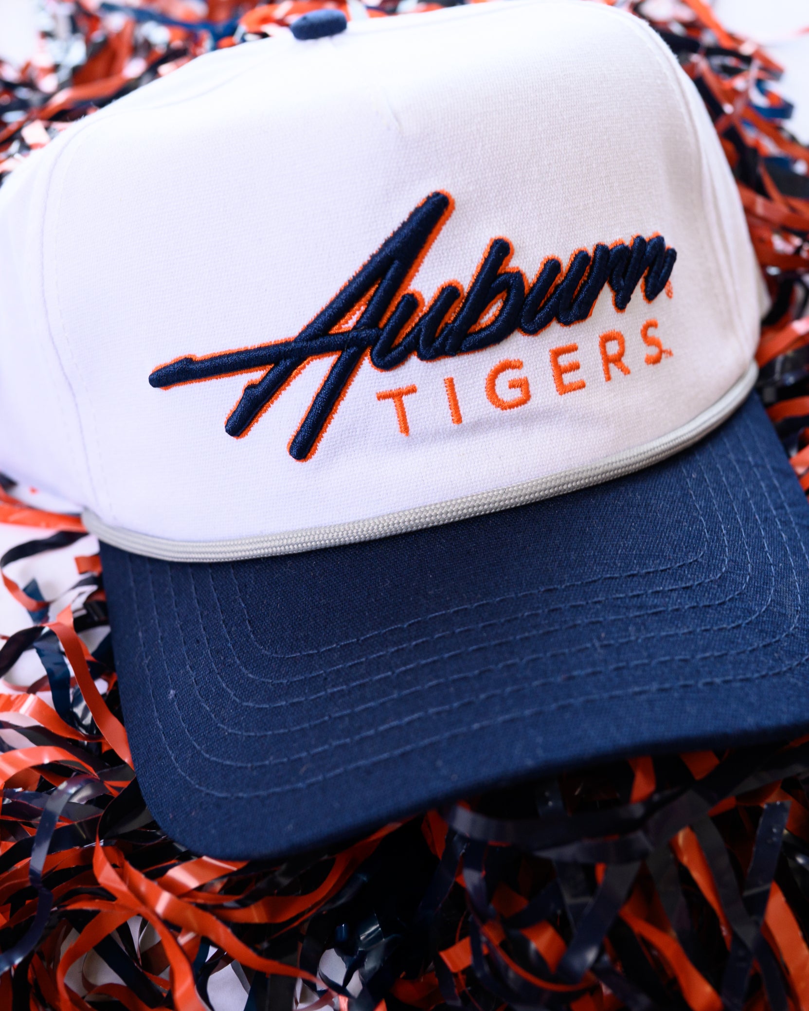 Auburn University White and Navy Hat with Navy “Auburn” embroidery and Orange text “Tigers”