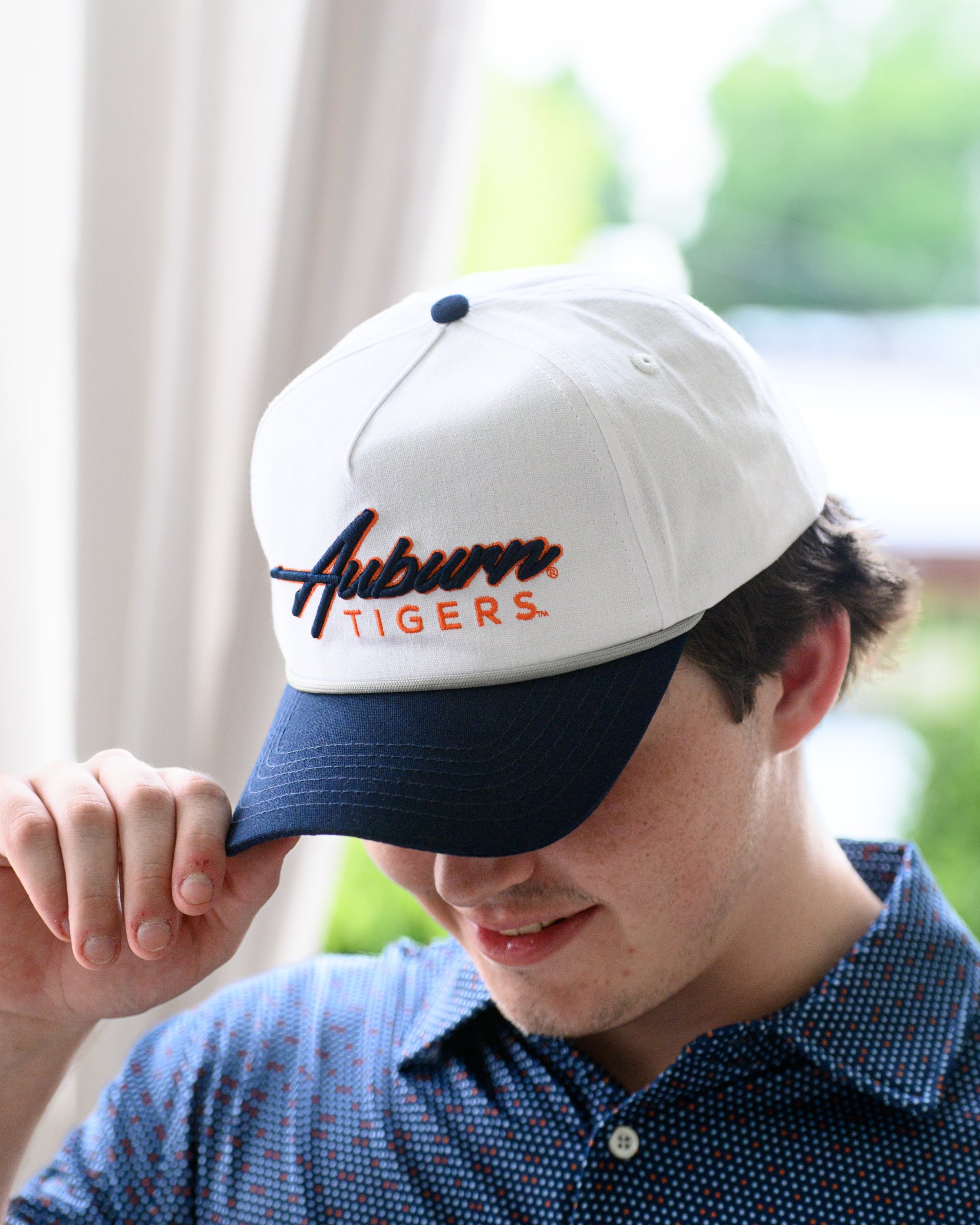 Auburn University White and Navy Hat with Navy “Auburn” embroidery and Orange text “Tigers”