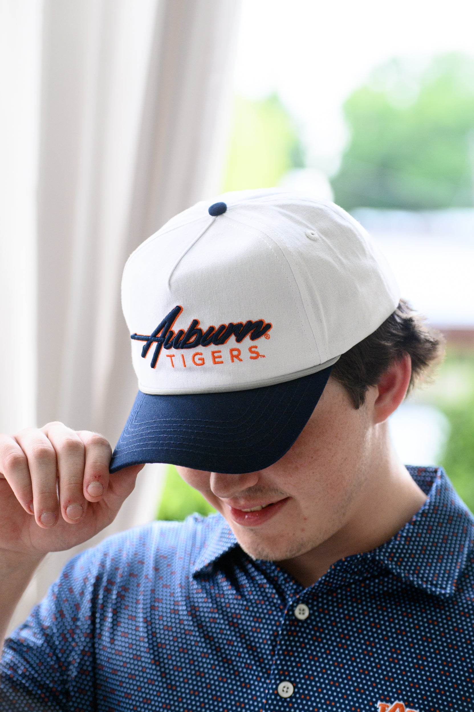 Auburn University White and Navy Hat with Navy “Auburn” embroidery and Orange text “Tigers”