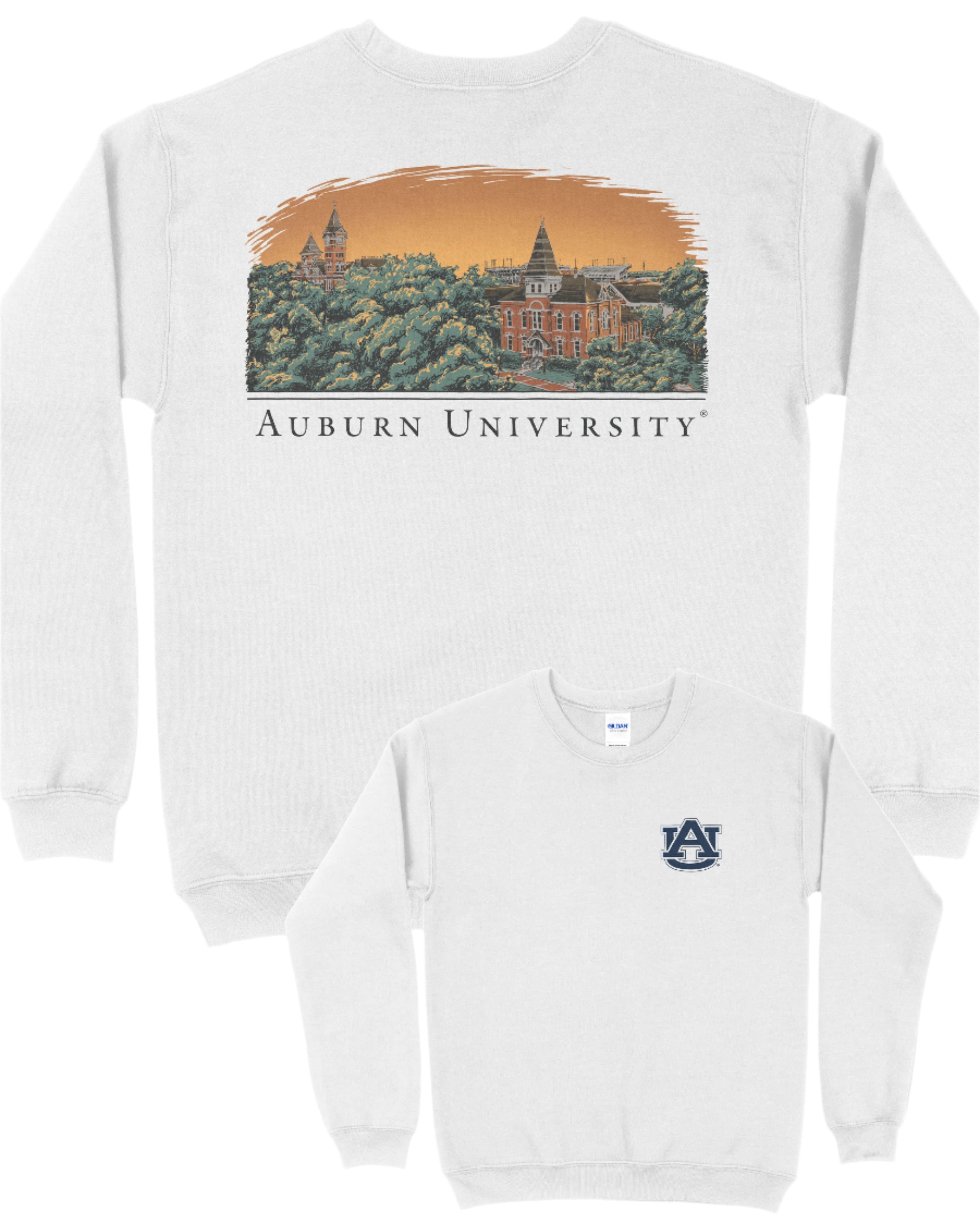Auburn University Auburn Skyline  White Gildan Sweatshirt with an image of a sun setting on the University above text "Auburn University"