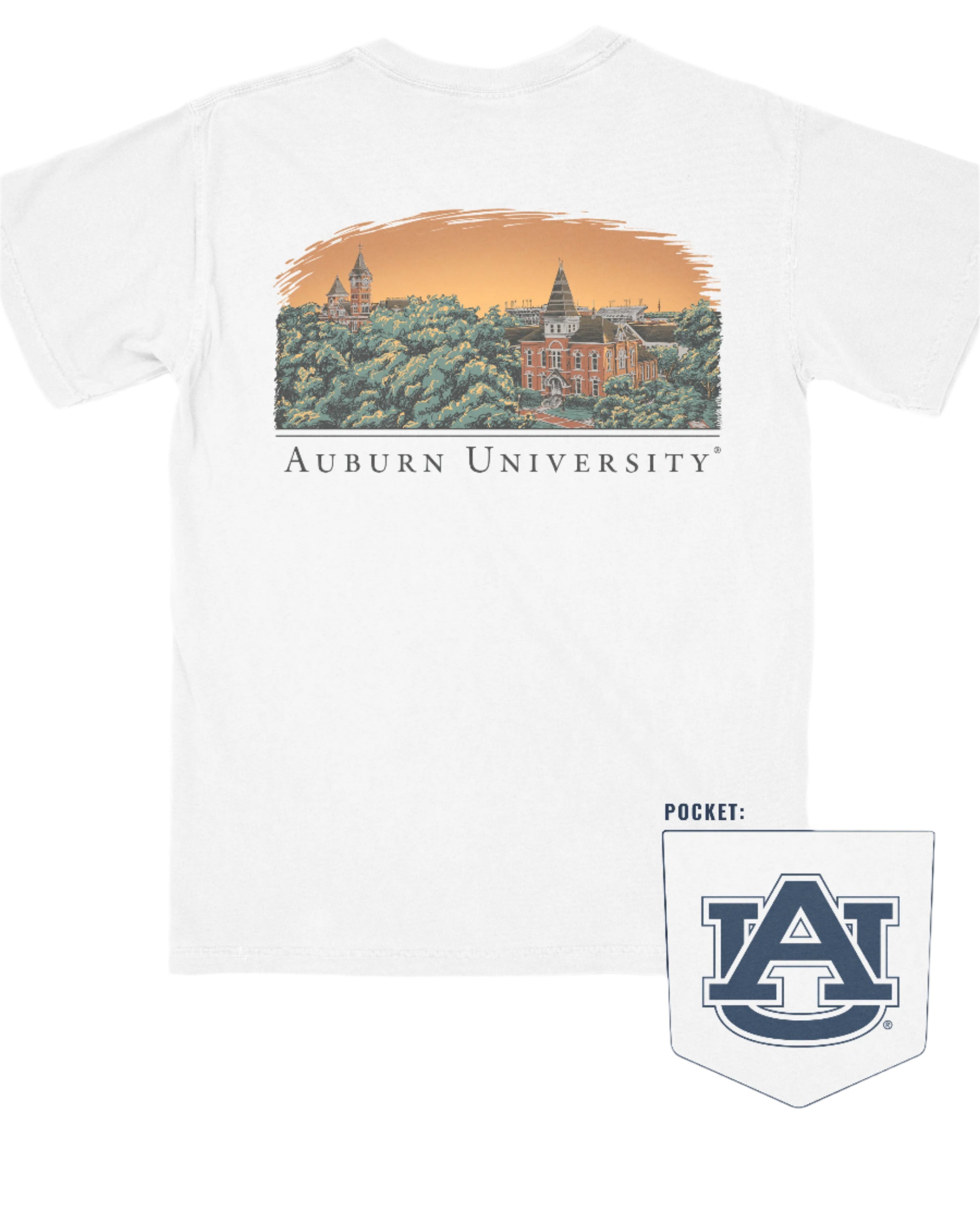 Auburn University Auburn Skyline White Comfort Colors T-Shirt with an image of a sun setting on the University above text "Auburn University"