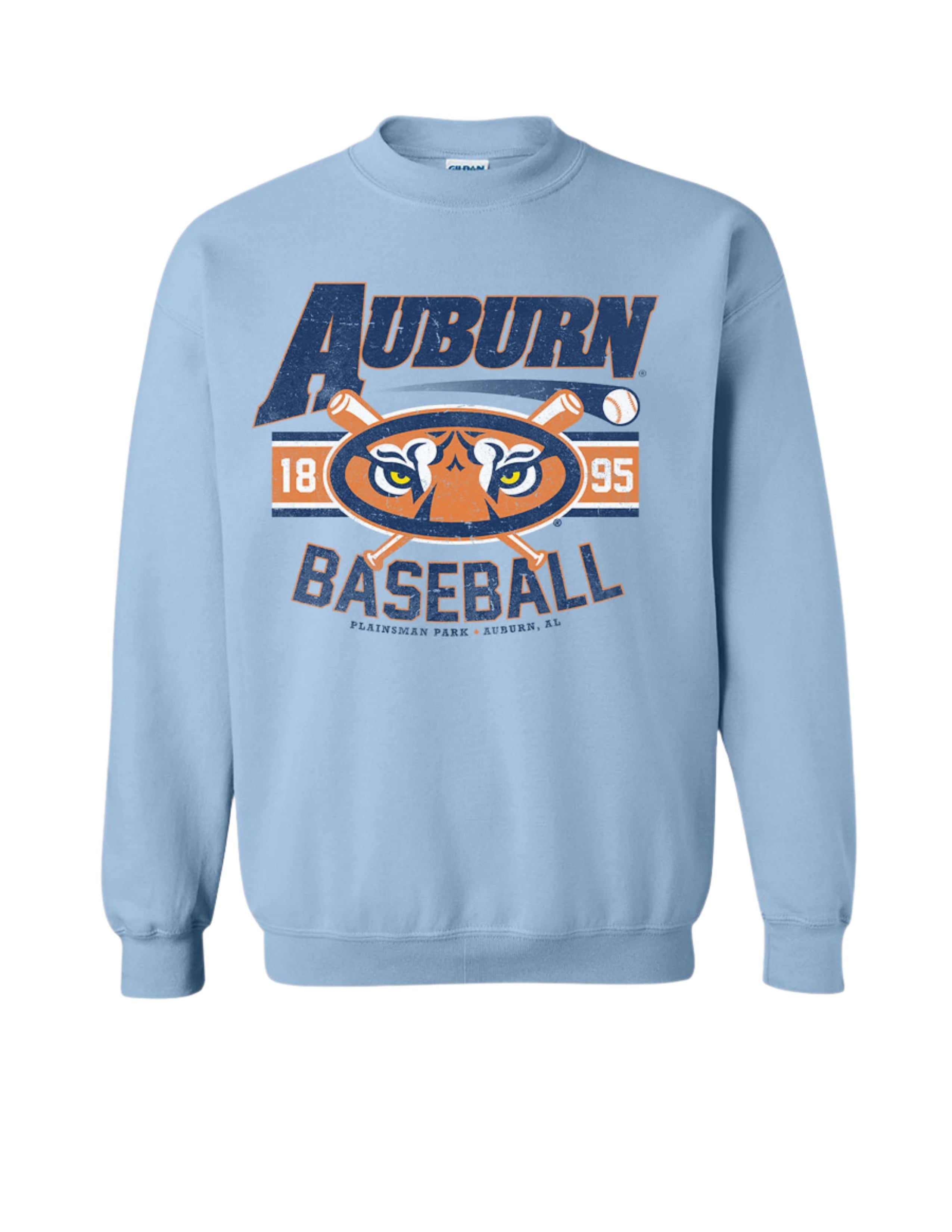 Auburn University Auburn Tiger Eyes Baseball Light Blue Gildan Sweatshirt with text "Auburn" above the Tiger Eyes graphic on top two crossed baseball bats