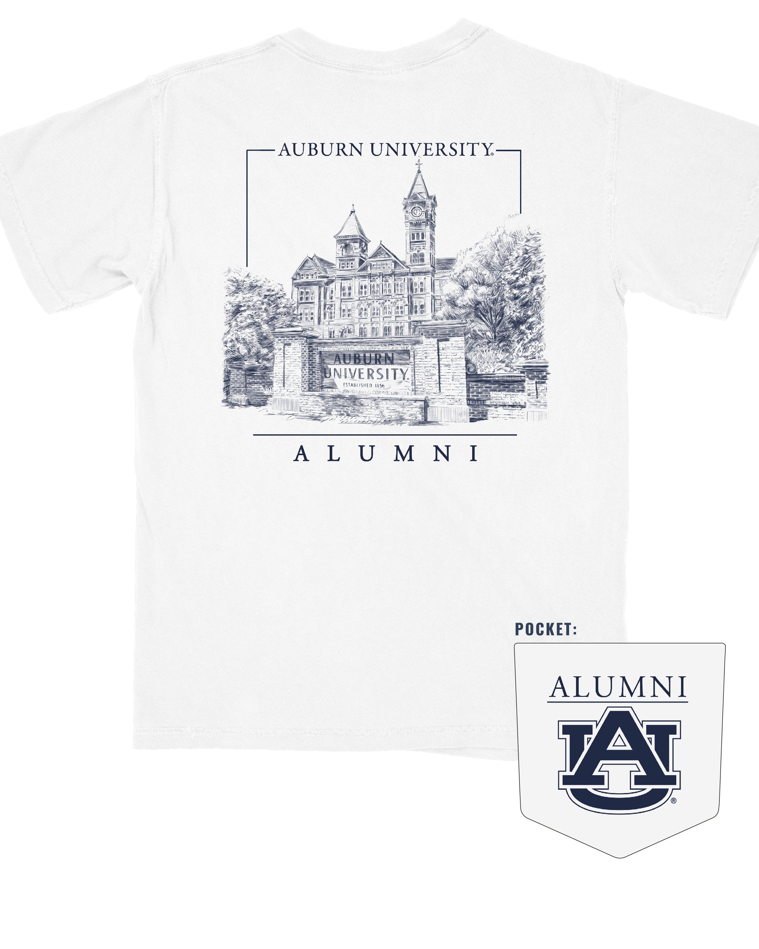 Auburn University White Auburn University Alumni t-shirt with a detailed drawing of Samford Hall on the back.