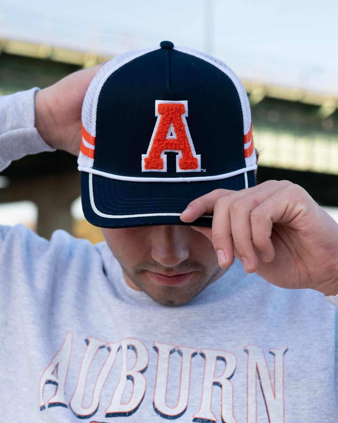 Auburn University Navy and White Trucker Hat with White piping and a fuzzy Orange Block A patch