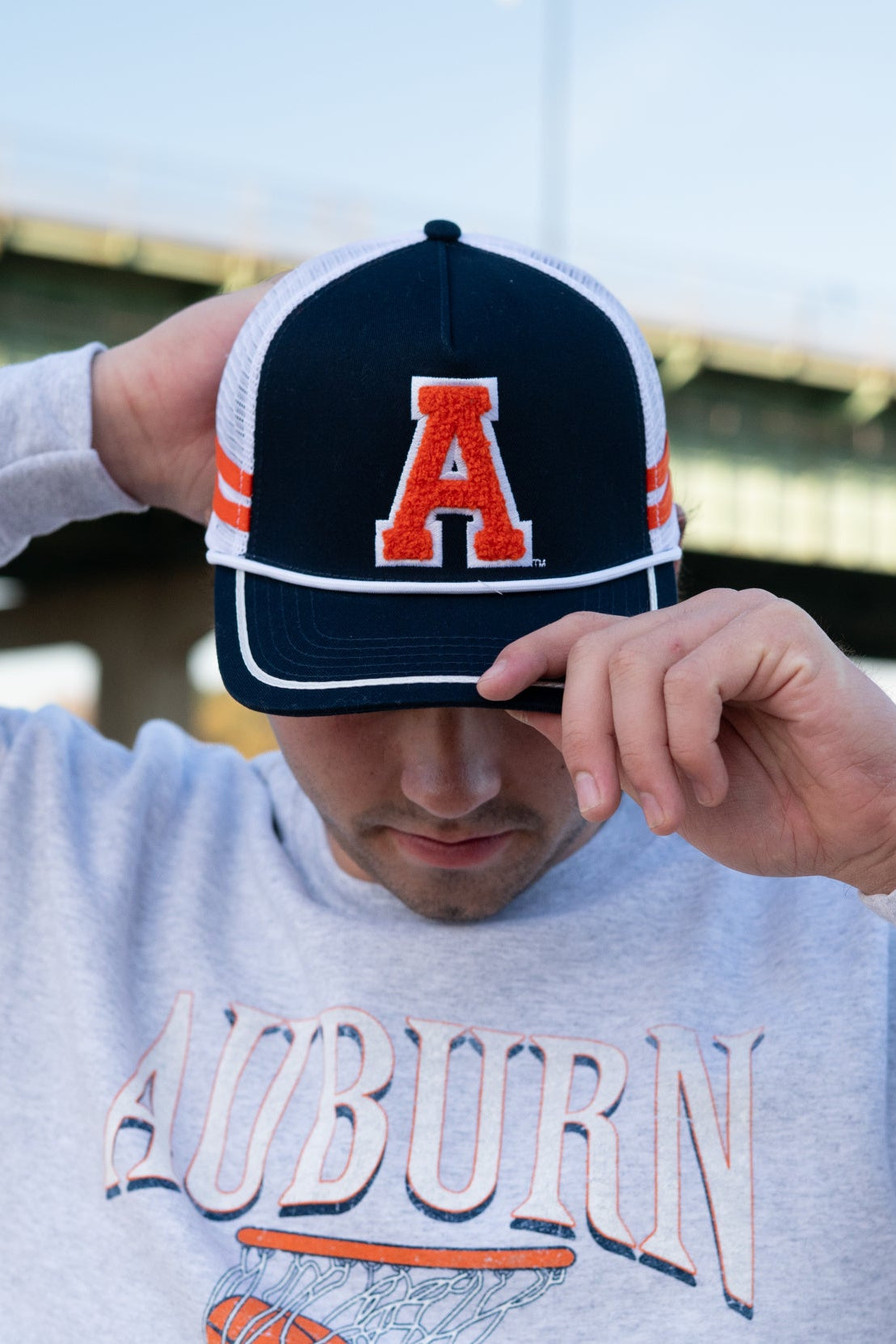 Auburn University Navy and White Trucker Hat with White piping and a fuzzy Orange Block A patch