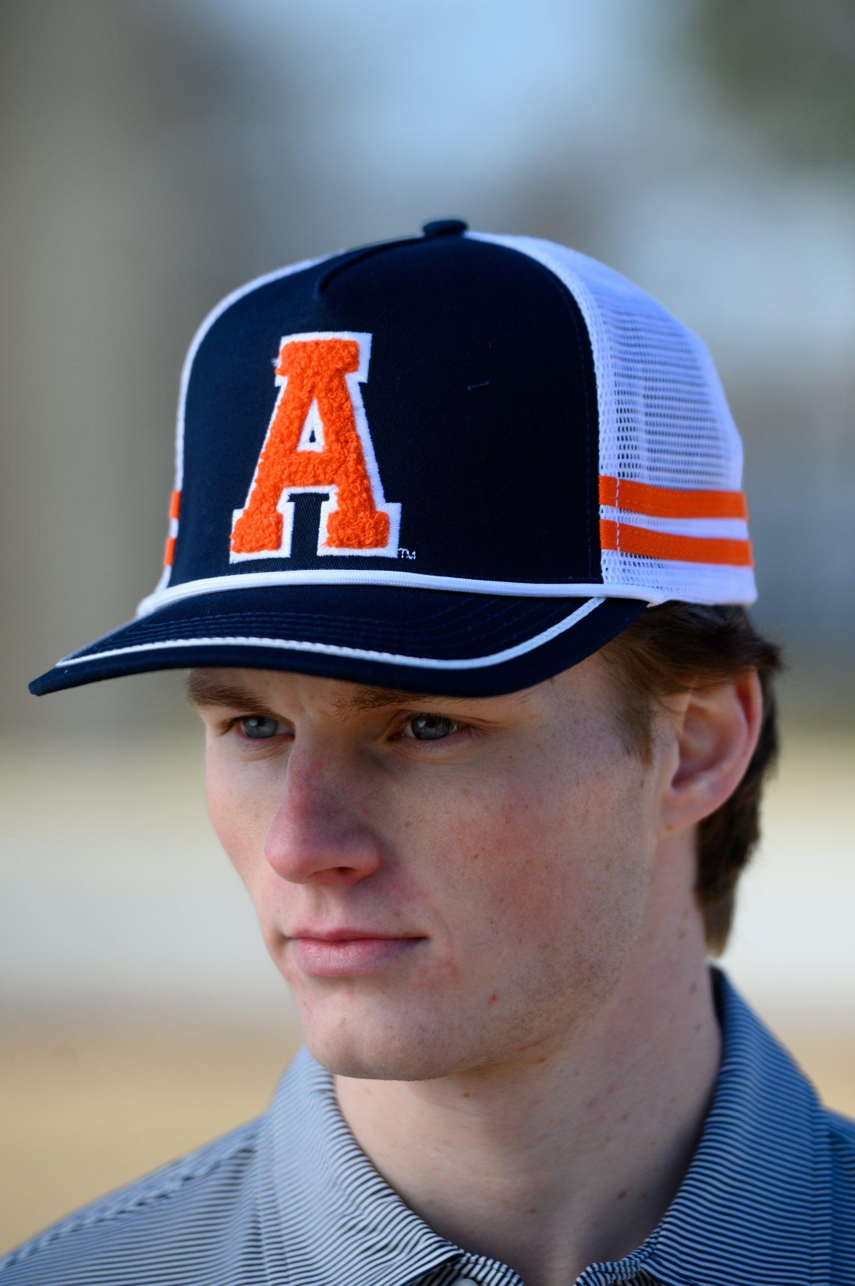 Auburn University Navy and White Trucker hat with Orange stripes and a felt Orange Block A patch.