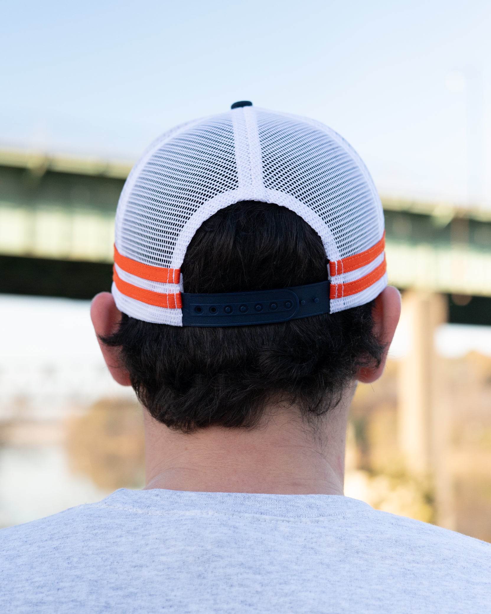 Auburn University Navy and White Trucker Hat with White piping and a fuzzy Orange Block A patch