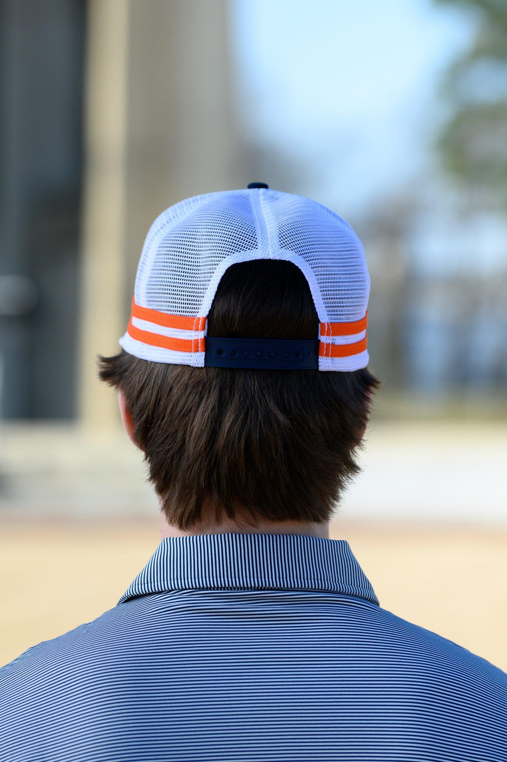 Auburn University Navy and White Trucker hat with Orange stripes and a felt Orange Block A patch.
snapback trucker