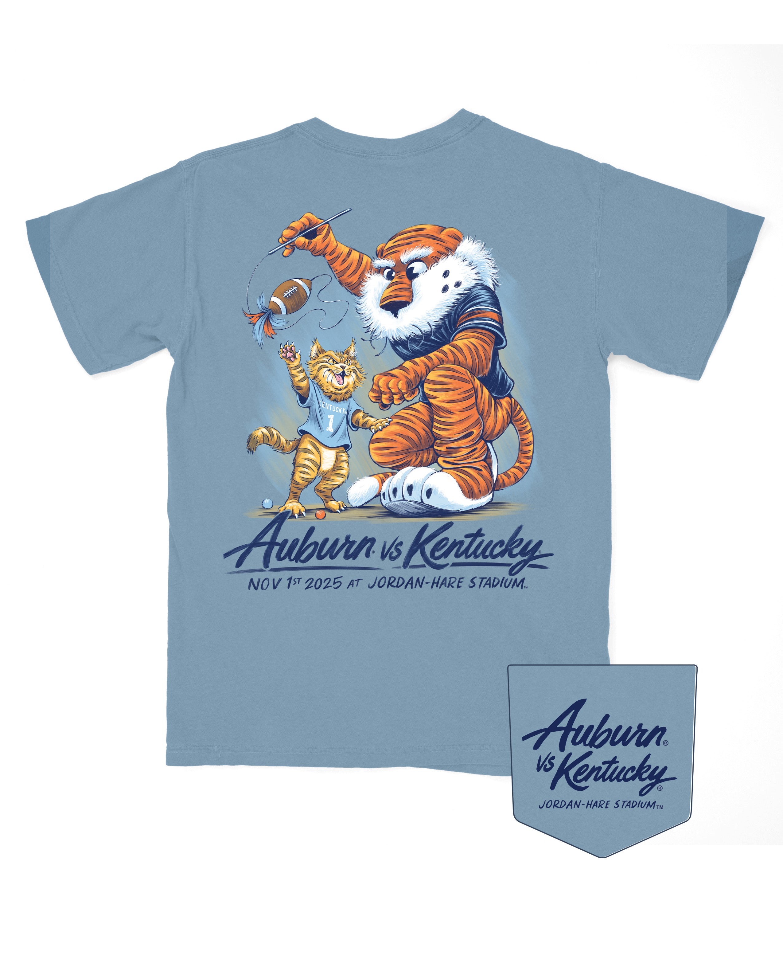 Auburn University Blue T-Shirt with Aubie dangling a football cat toy in front of The Kentucky Wildcat above text “Auburn vs. Kentucky Nov 1st 2025 at Jordan-Hare Stadium
