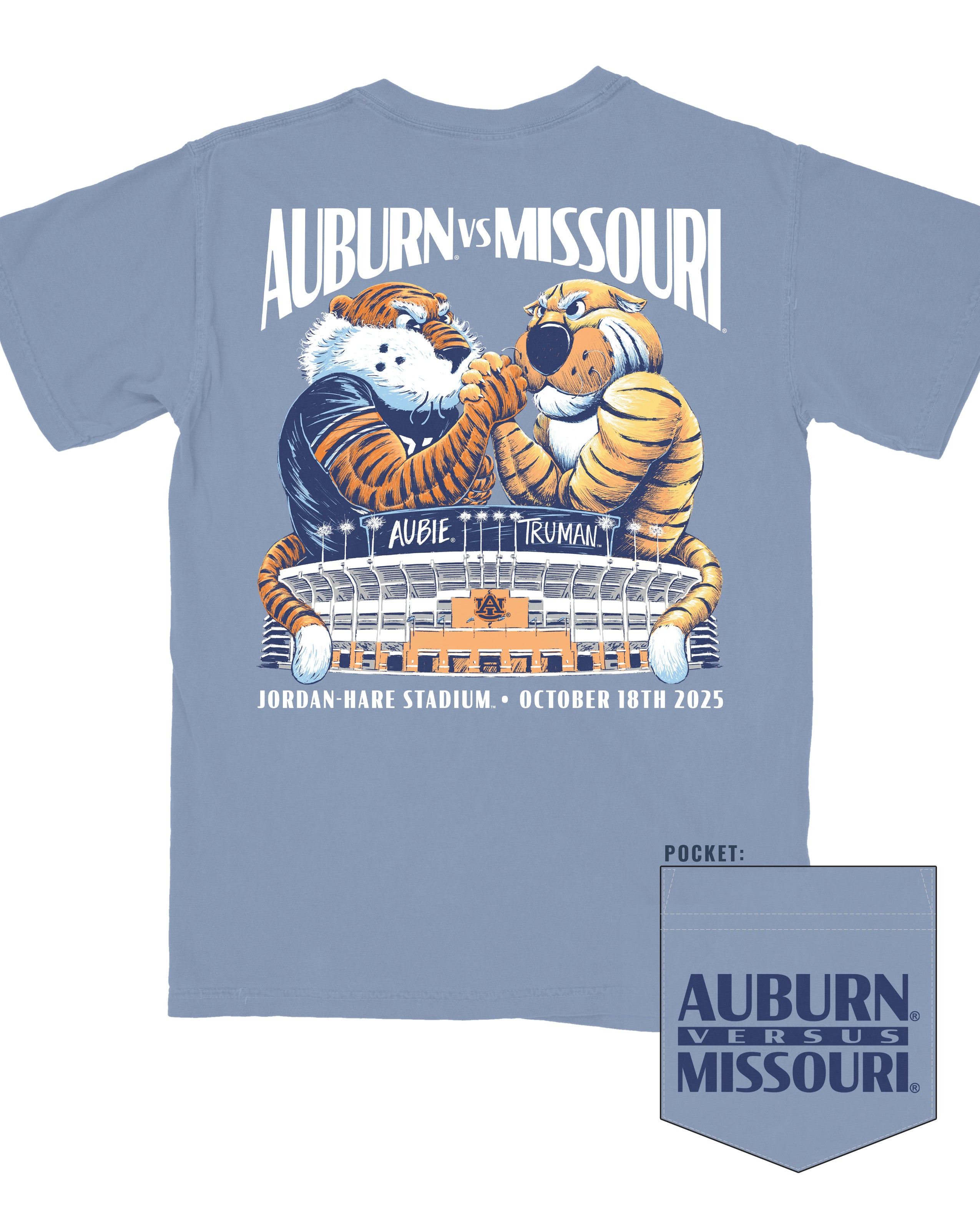 Auburn University Blue T-Shirt with an illustration of Aubie fighting with Truman over the Jordan-Hare stadium under White text “Auburn vs Missouri”